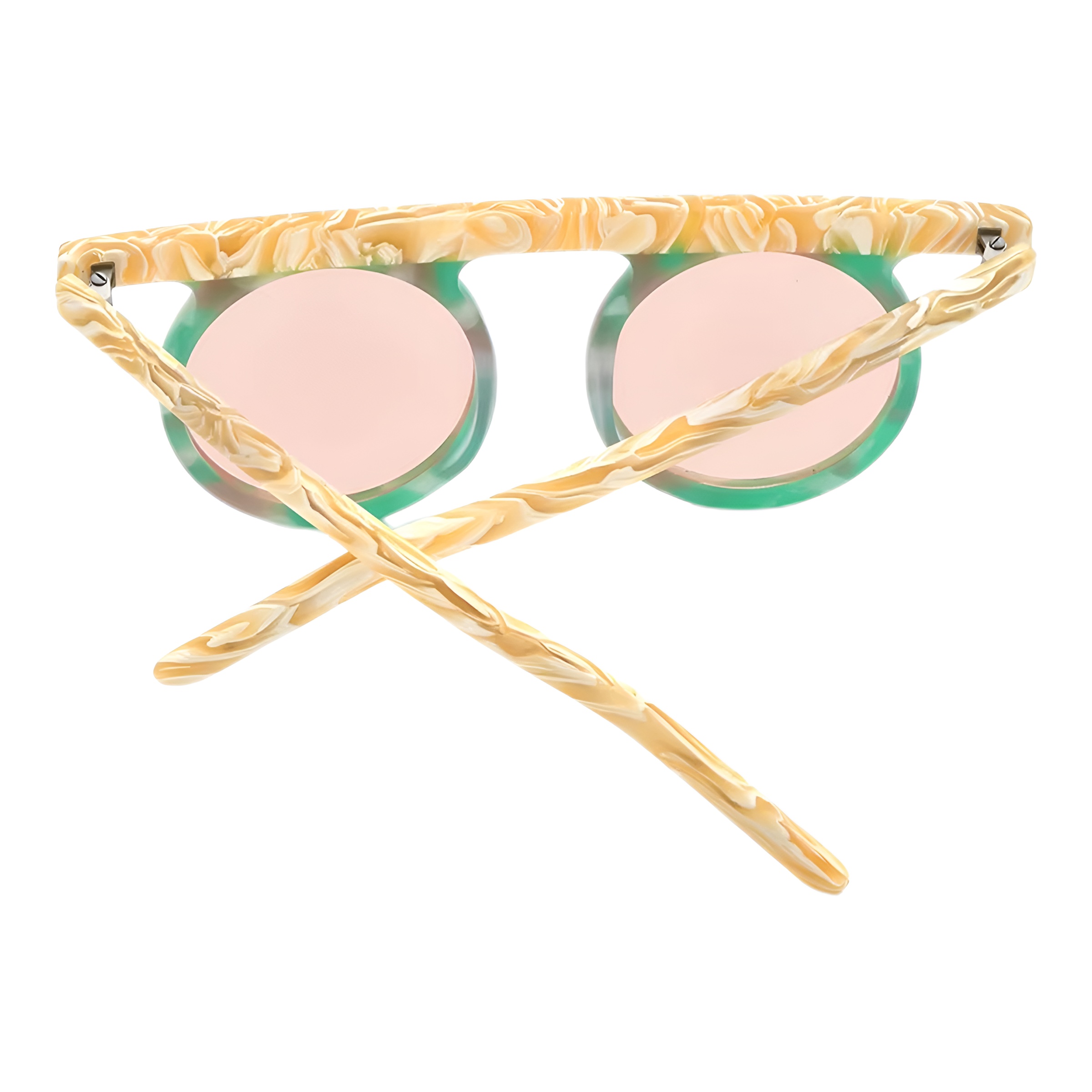 Lunettes soleil rondes vintages monture épaisse jaune marbré branches croisées Lunettes de soleil rondes vintages avec monture épaisse jaune marbré et branches croisées mettant en avant la texture sculptée