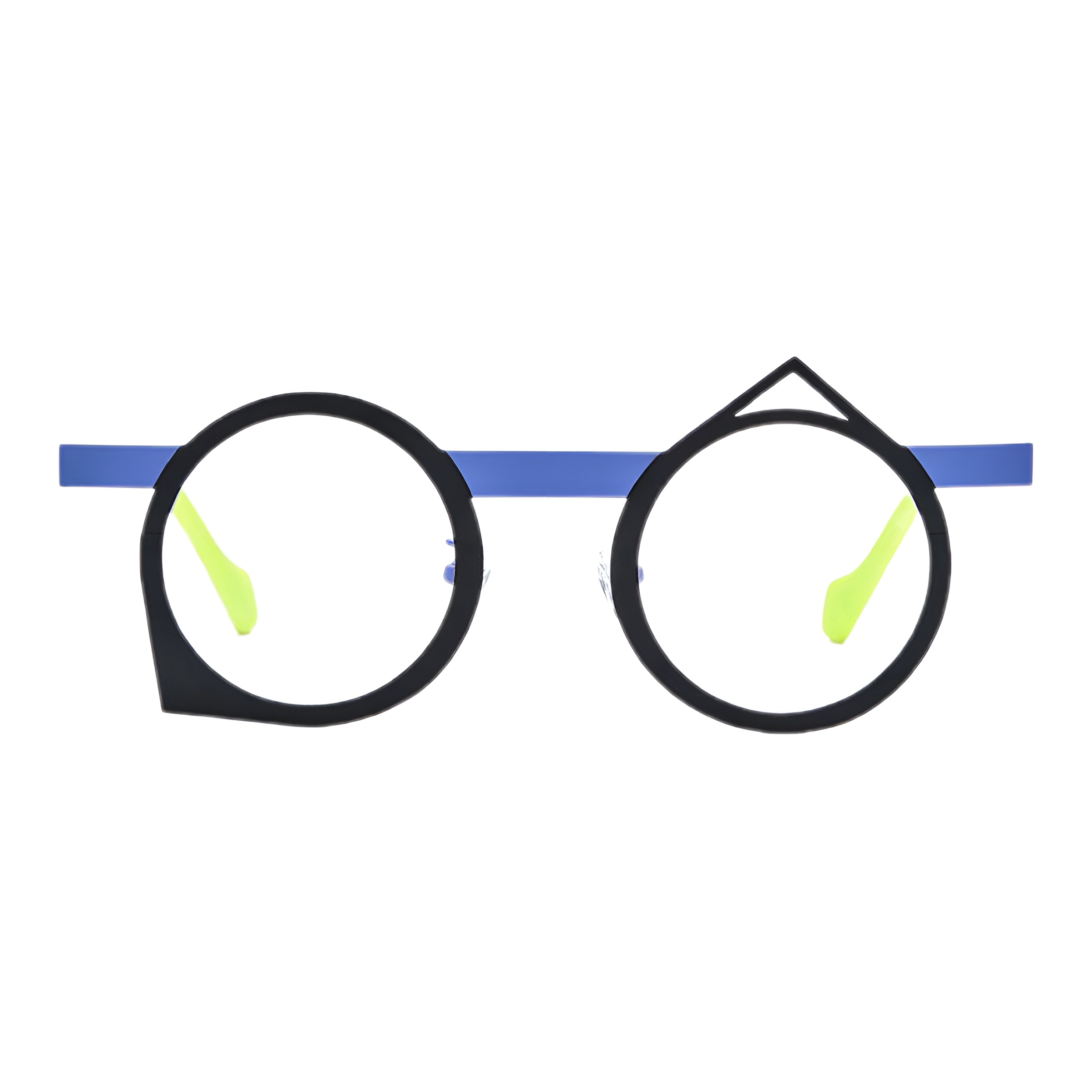 Vue de face de lunettes de vue rondes au design asymétrique, monture en titane noir et branches bleues avec des détails vert fluo