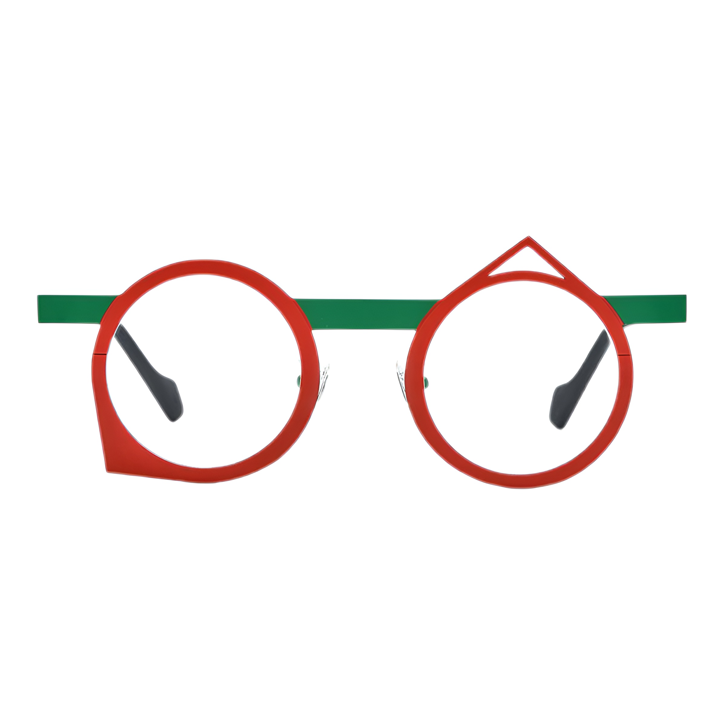Vue de face d'une paire de lunettes de vue rondes au design asymétrique, monture en titane rouge et branches vertes