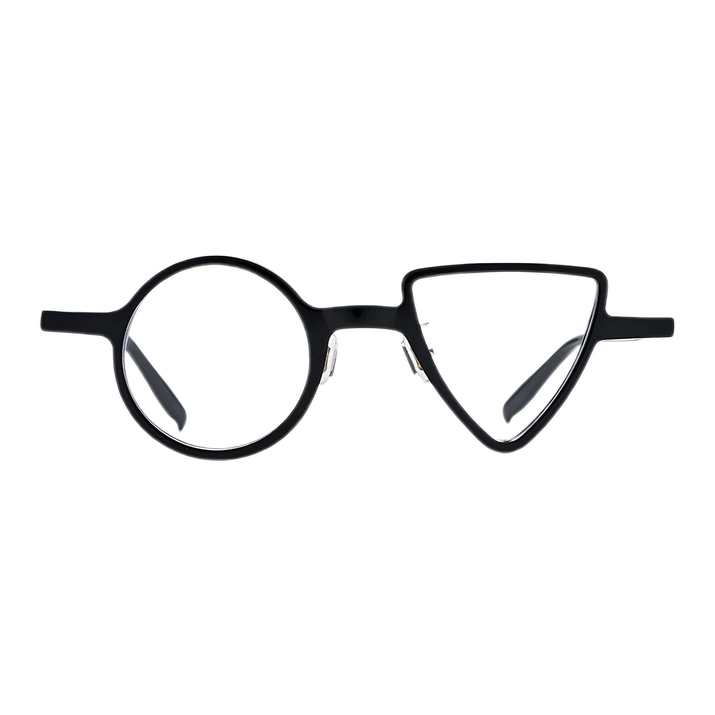 Lunettes rondes originales avec monture asymétrique en acétate noir profond, verre rond gauche et forme triangulaire droite, branches droites