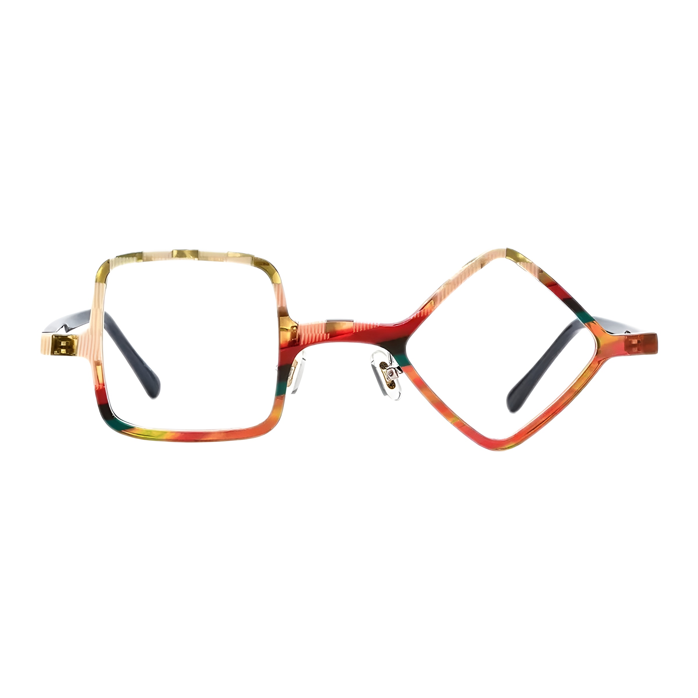 Monture de lunettes asymétriques en acétate arlequin, avec un verre carré et un verre losange, révélant des branches noires