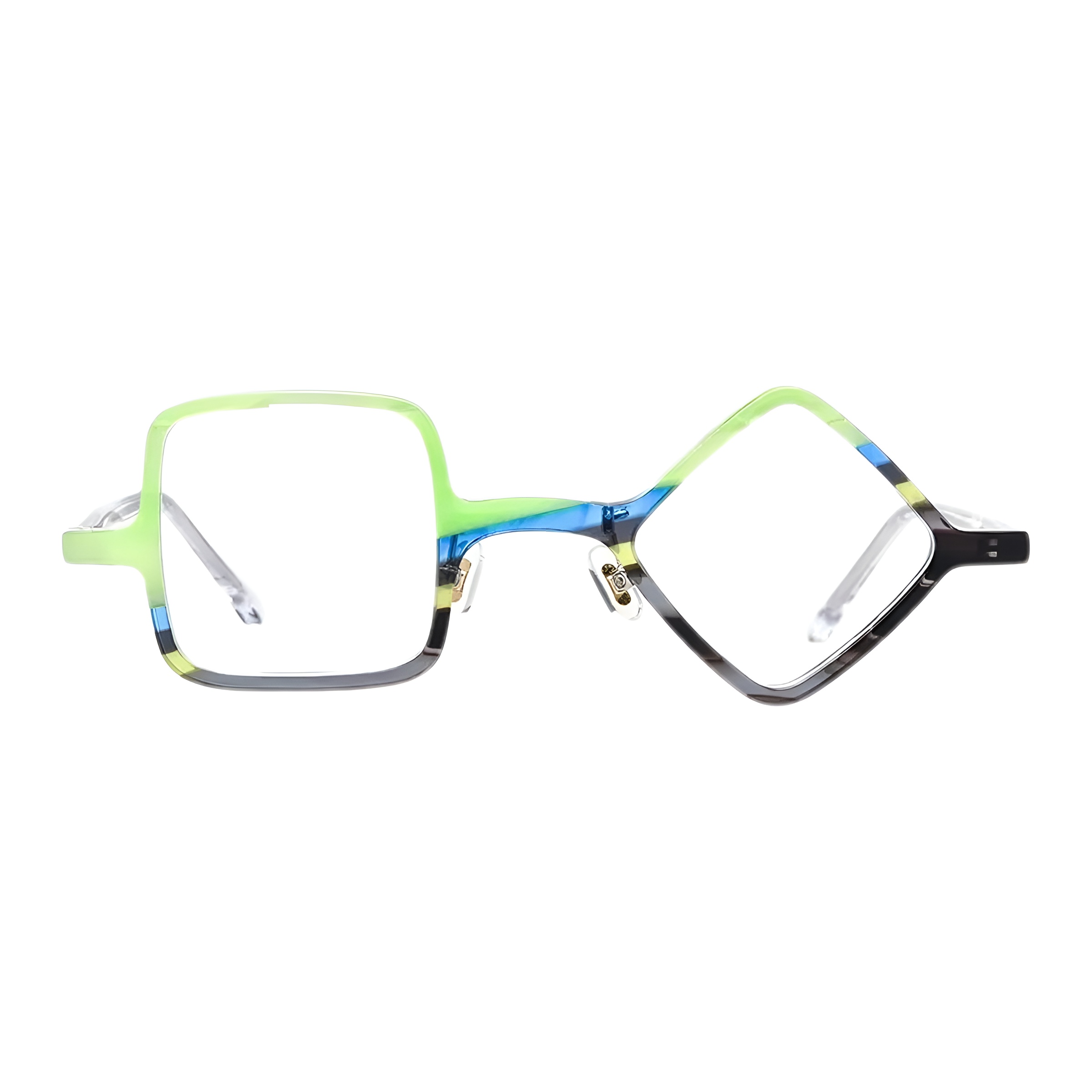 Paire de lunettes de vue asymétrique avec un verre carré vert lime et un verre en forme de losange à motif abstrait bleu et noir