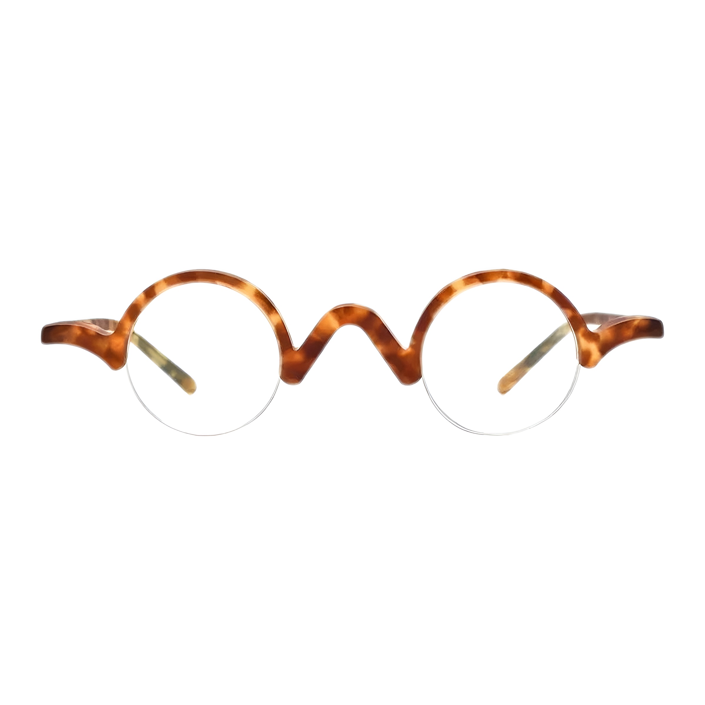 Lunettes de vue originales à monture ronde semi-cerclée en acétate écaille de tortue, se distinguant par son pont nasal ondulé