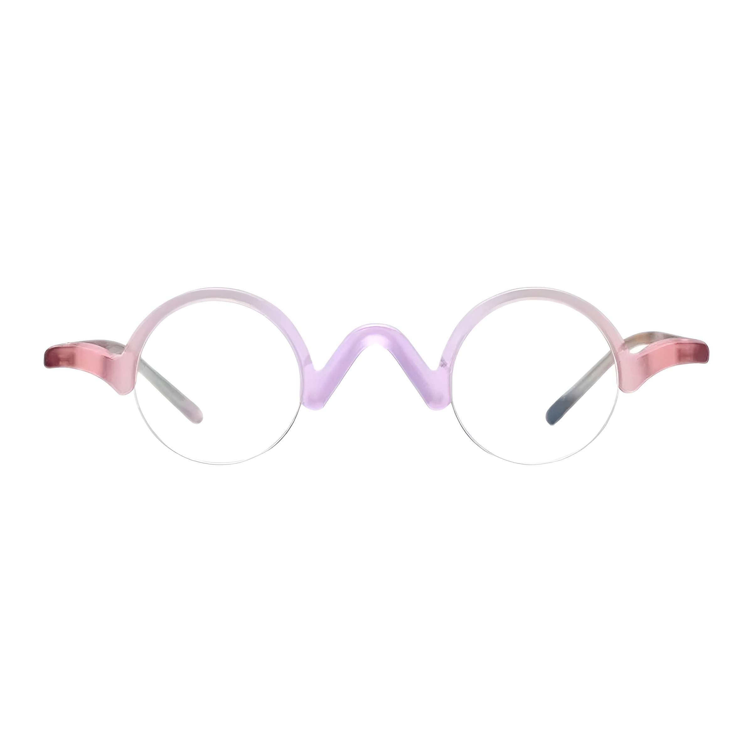 Vue de face de lunettes de vue rondes pour femmes avec une monture demi-cerclée en acétate rose poudré et un pont mauve original