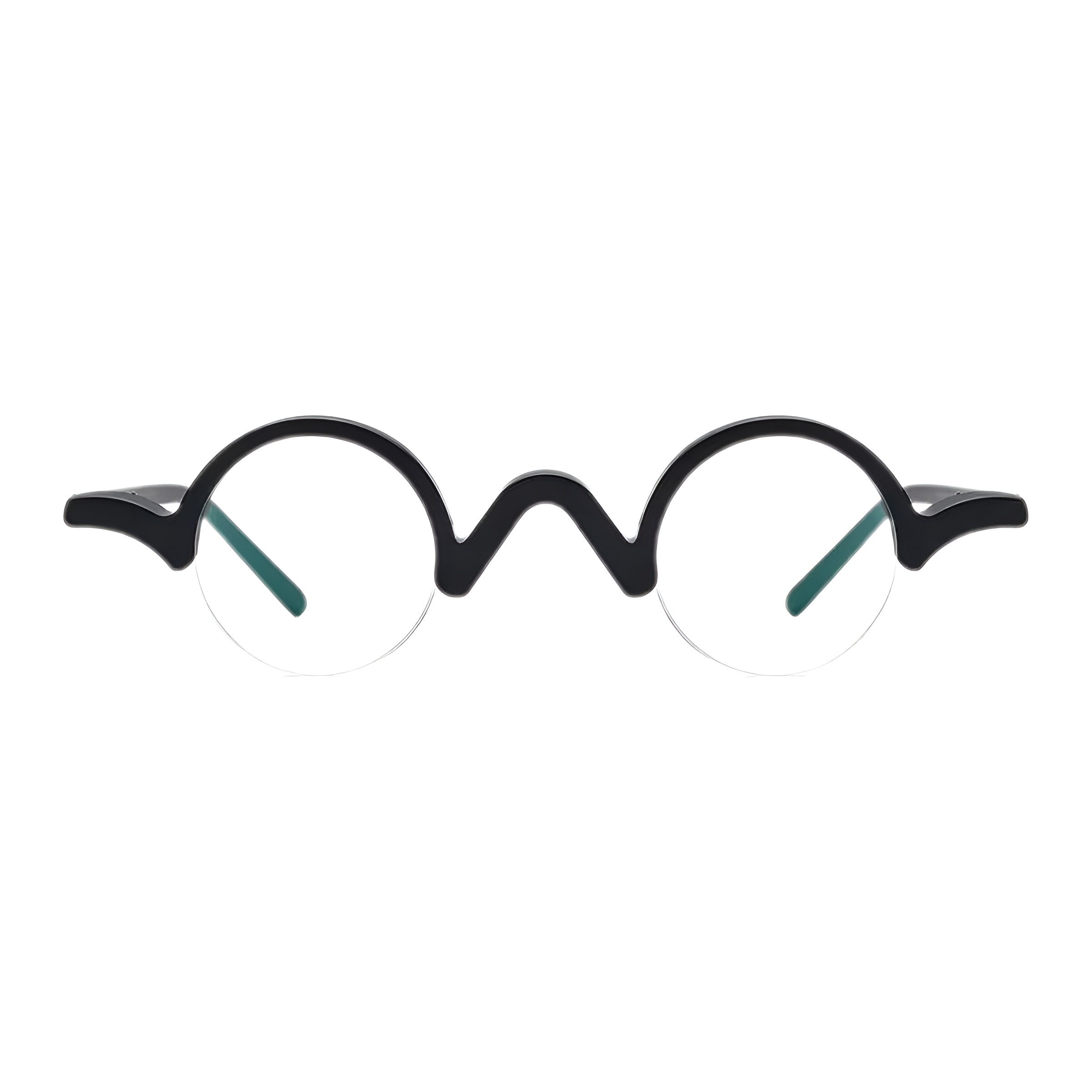 Vue de face de lunettes rondes noires originales avec une monture en acétate au pont ondulé et un design à demi-cerclage