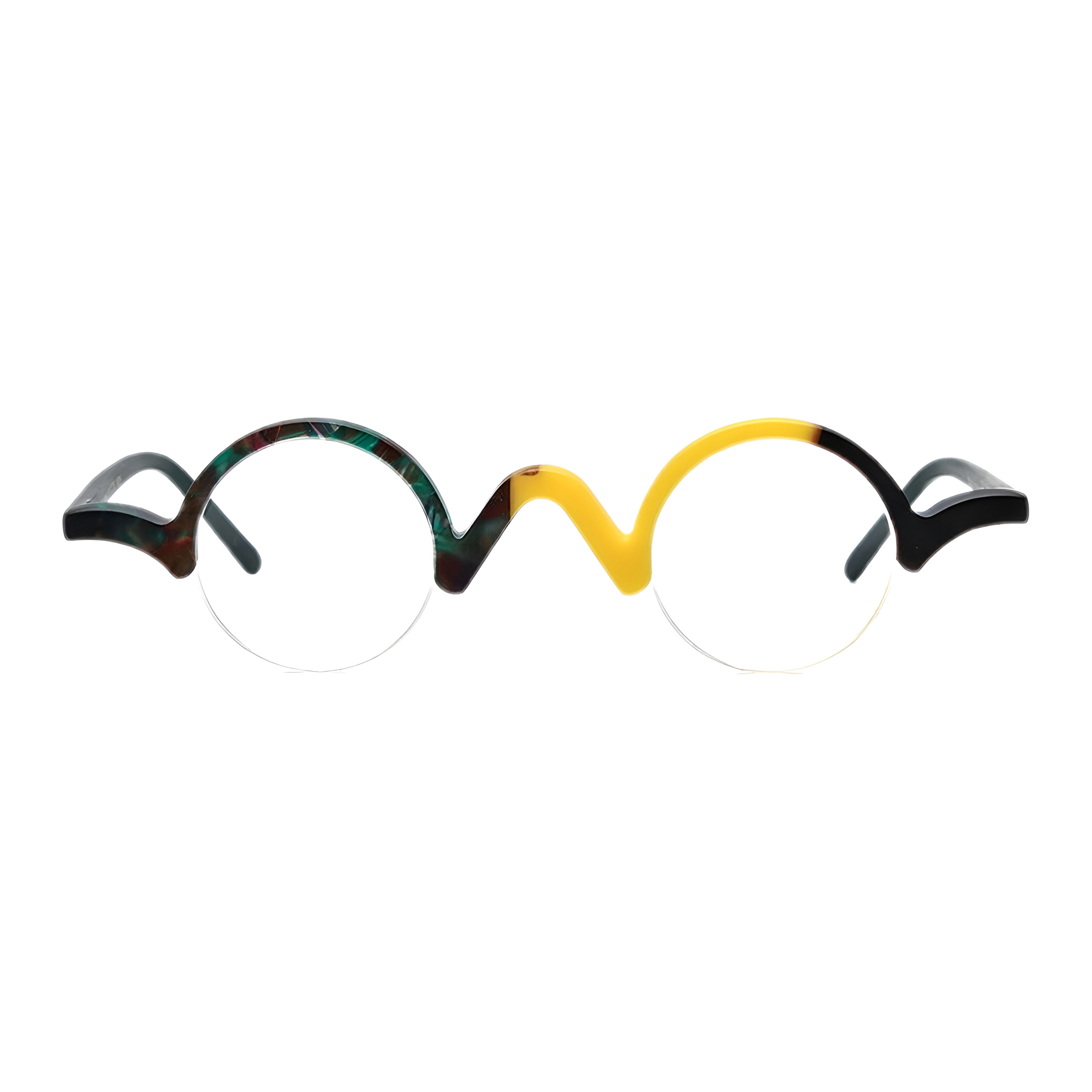 Vue de face de la monture originale à demi cerclage avec un design bicolore mêlant un côté vert écaille et un côté jaune et noir