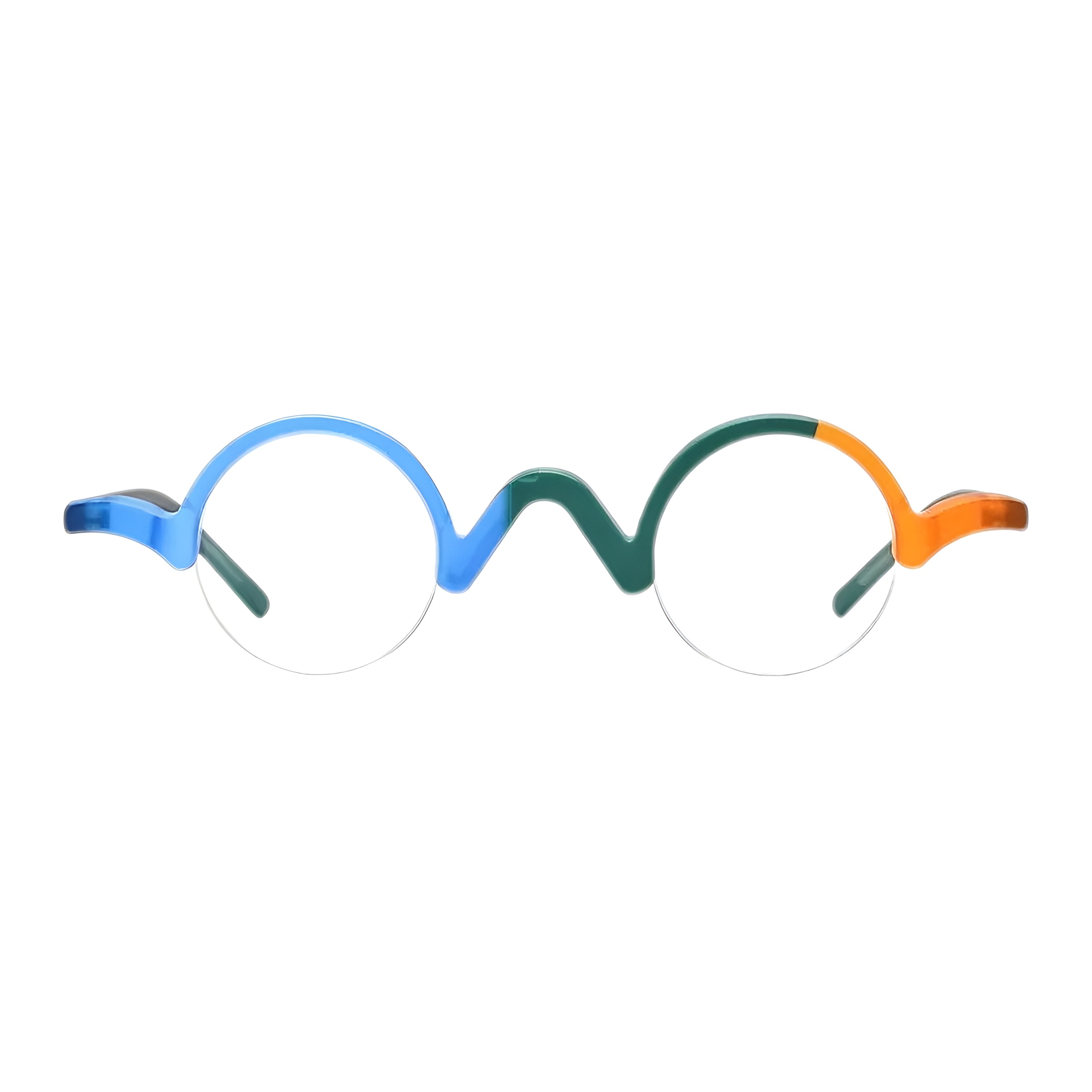 Vue de face des lunettes rondes originales avec monture en acétate au design ondulé tricolore bleu, vert et orange