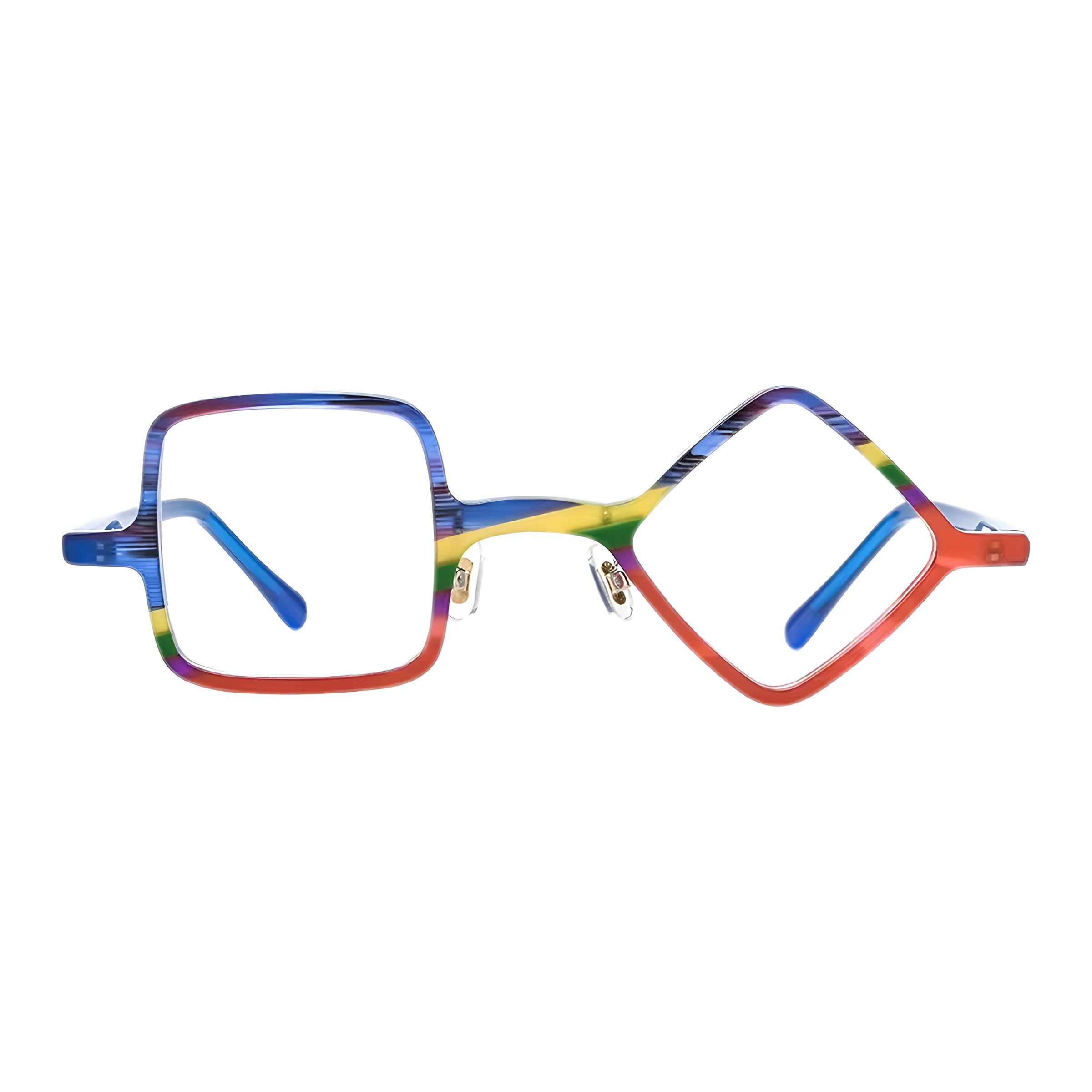 Vue de face d'une paire de lunettes asymétriques originales avec un verre carré et un verre losange, monture en acétate aux couleurs vives de l'arc-en-ciel