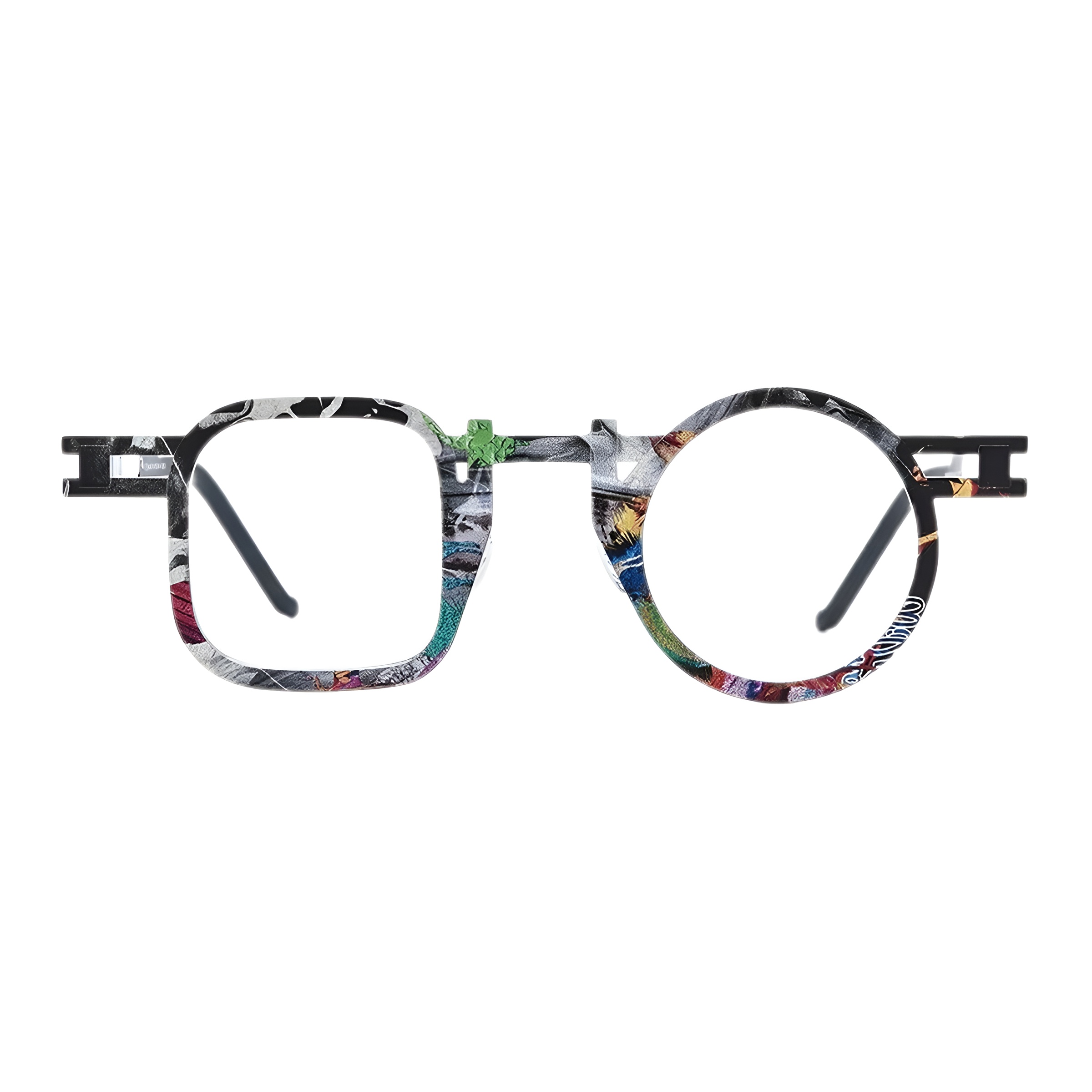 Vue de face de la monture de lunettes rondes et carrées au design asymétrique, avec un motif artistique multicolore et des charnières uniques