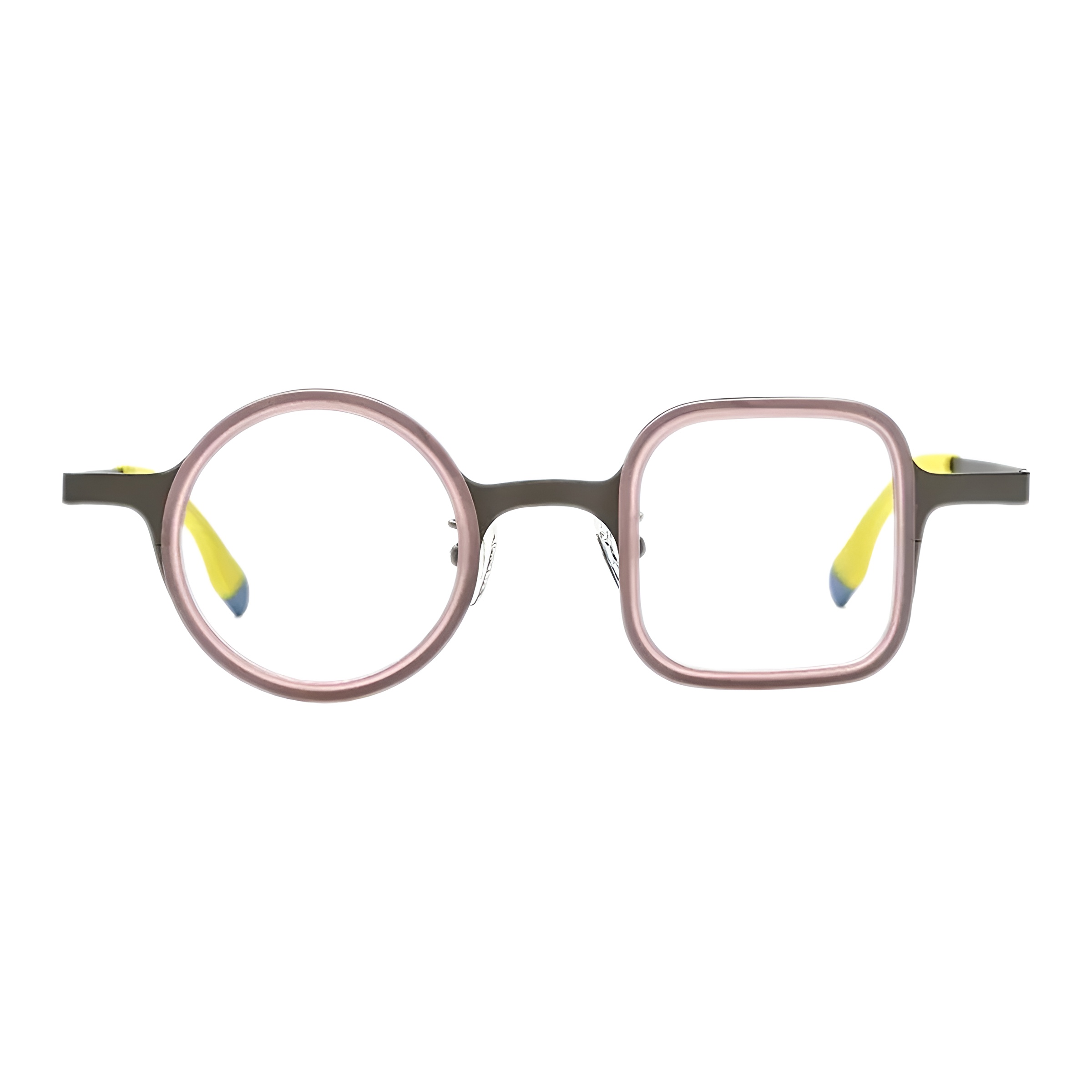 Vue de face des lunettes rondes et carrées asymétriques avec monture titane gris et contours acétate rose