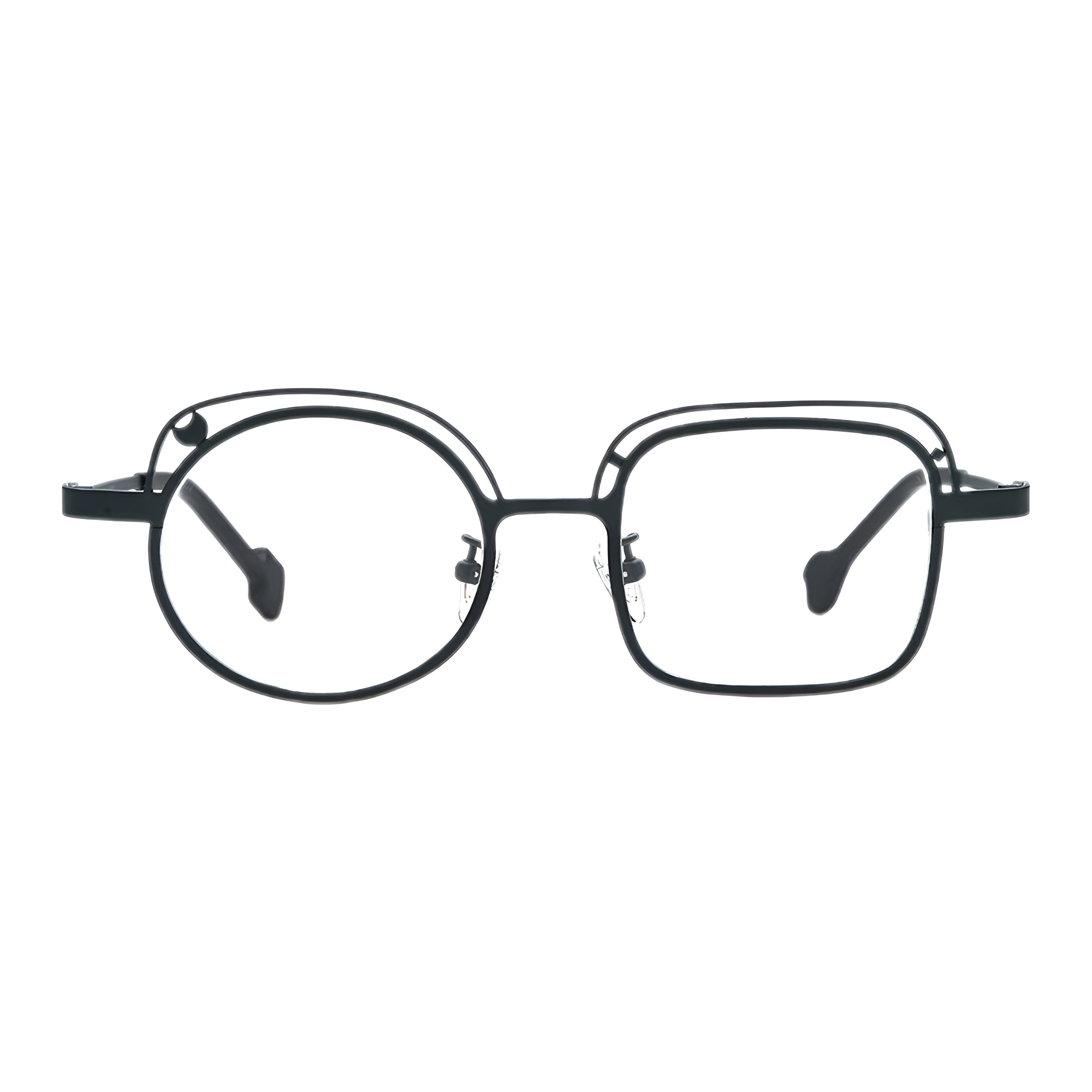 Vue de face d'une paire de lunettes rondes et carrées, avec une monture noire asymétrique en titane fin et un détail de double cerclage autour des verres