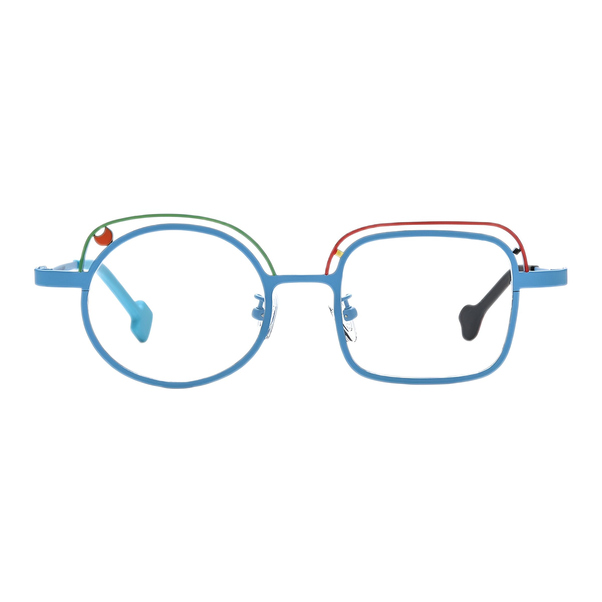Une paire de lunettes rondes et carrées asymétriques avec une fine monture en titane bleu ciel, accentuée par des lignes verte et rouge au-dessus des verres transparents