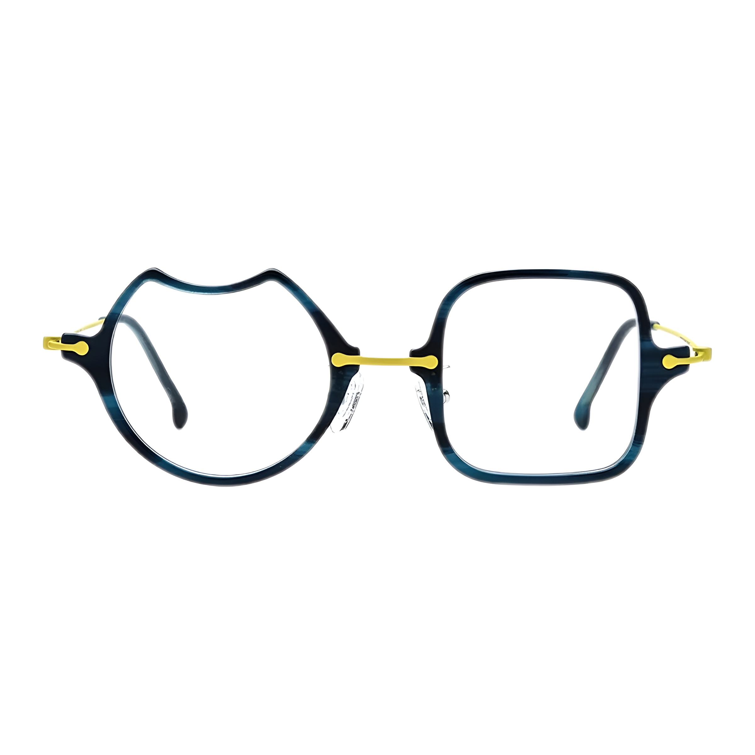 Vue de face d'une paire de lunettes rondes et carrées de vue, montrant le contraste entre le verre au design courbé et le verre carré, en acétate bleu marine marbré et branches fines jaunes