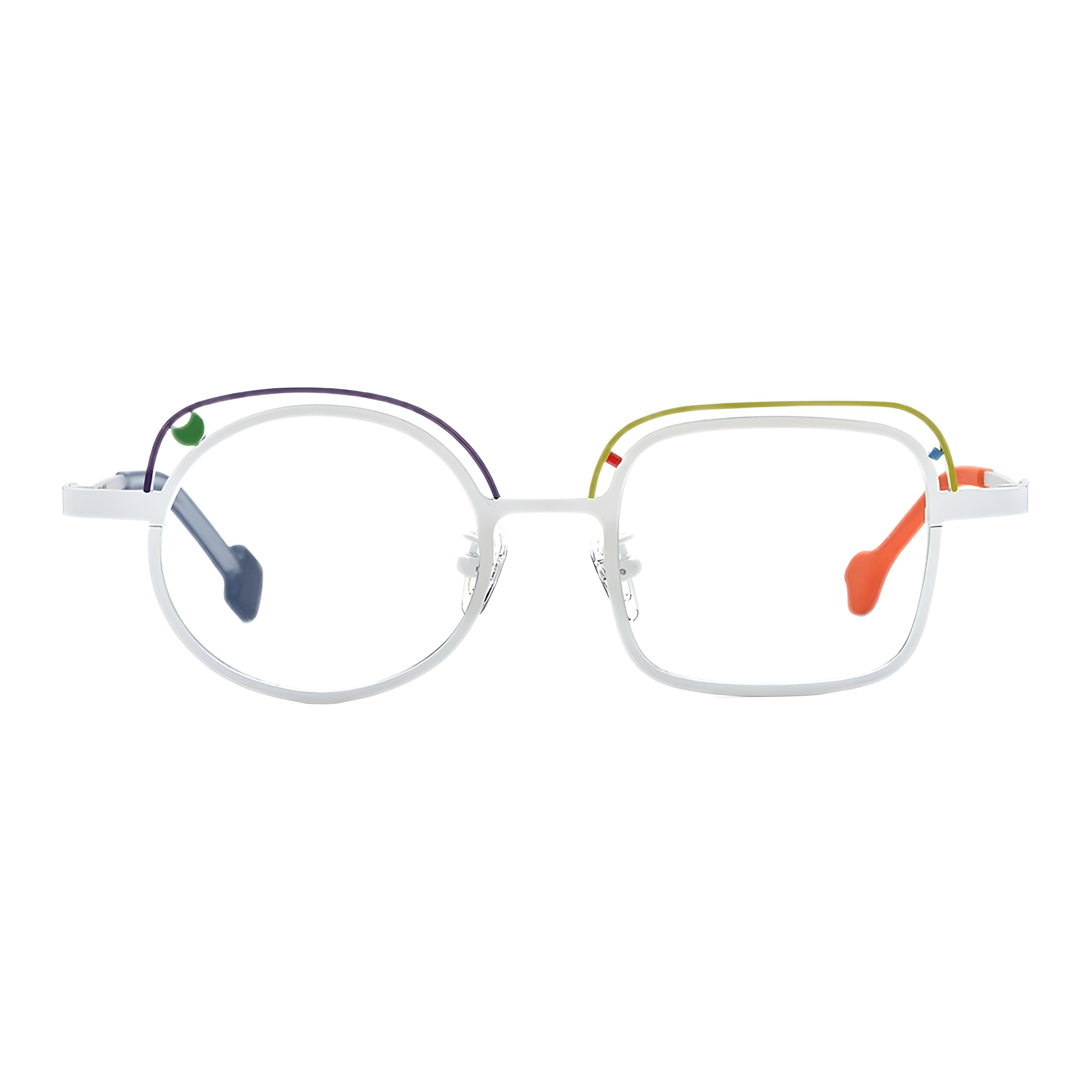 Vue de face de la monture de lunettes rondes et carrées en titane blanc, mettant en avant le design asymétrique avec des détails violet, jaune, et des manchons colorés