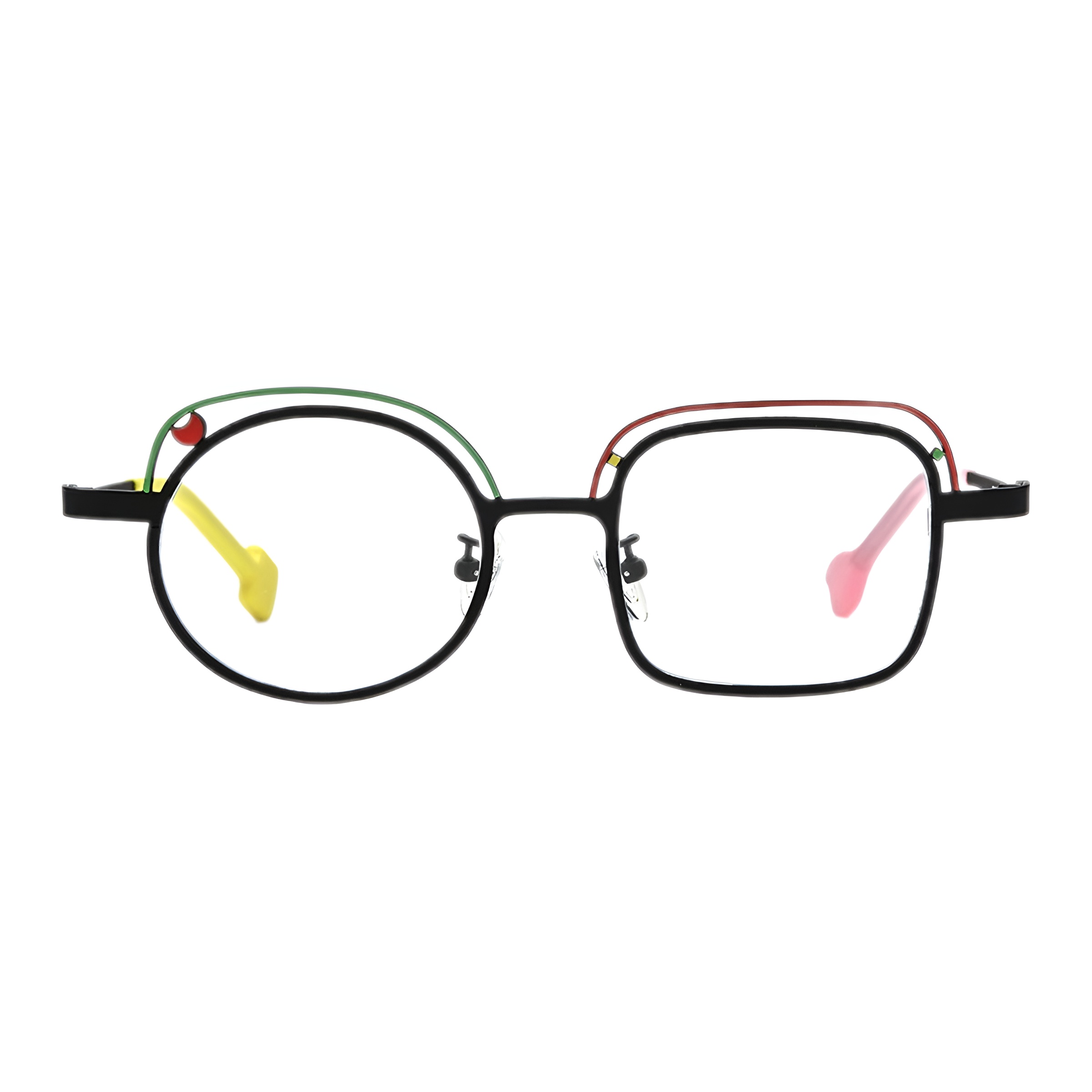 Vue de face d'une paire de lunettes de vue rondes et carrées au design asymétrique, avec une monture noire fine en titane, des accents verts et rouges et des branches colorées