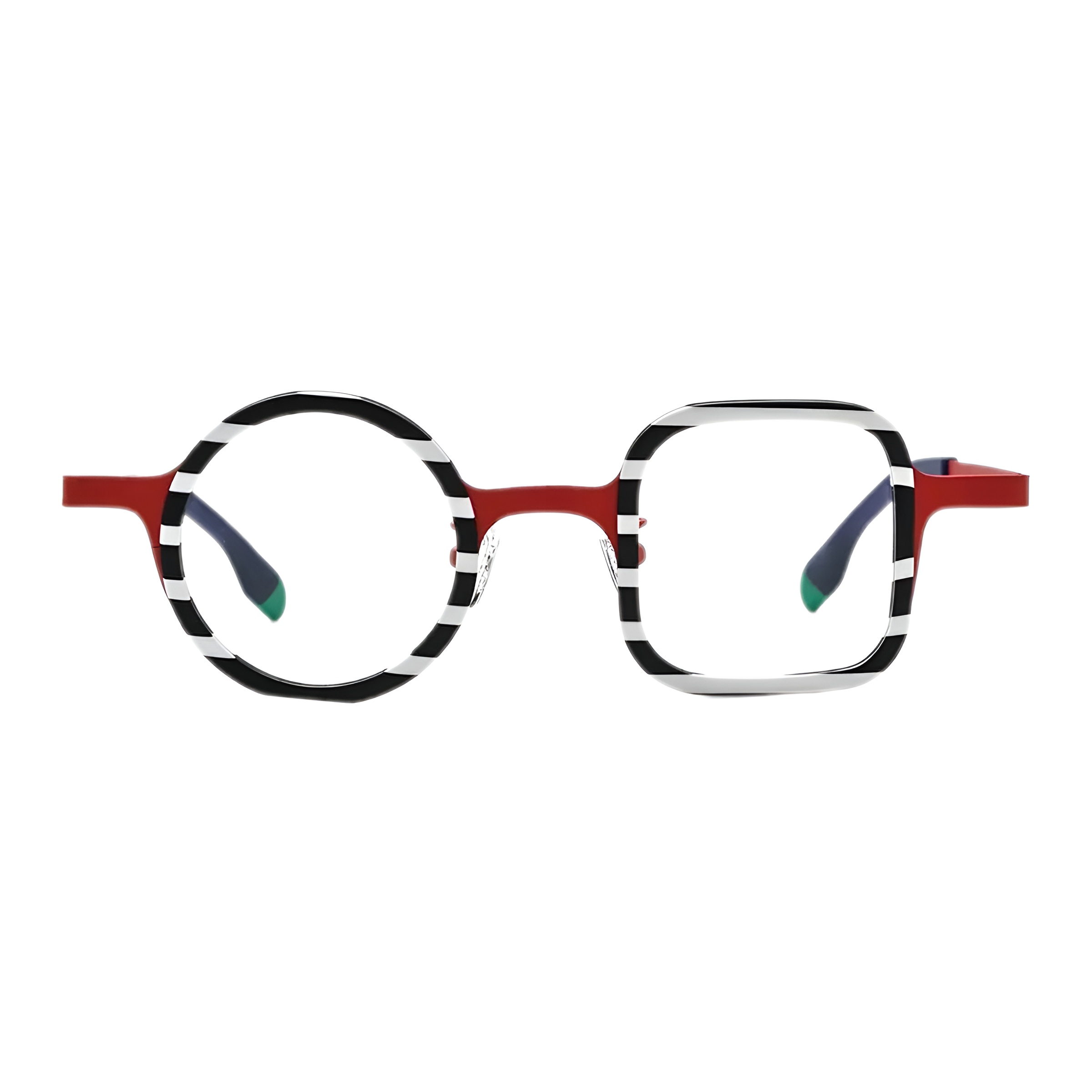 Vue de face d'une paire de lunettes de vue rondes et carrées au design original, avec une monture à rayures noires et blanches et un pont rouge vif