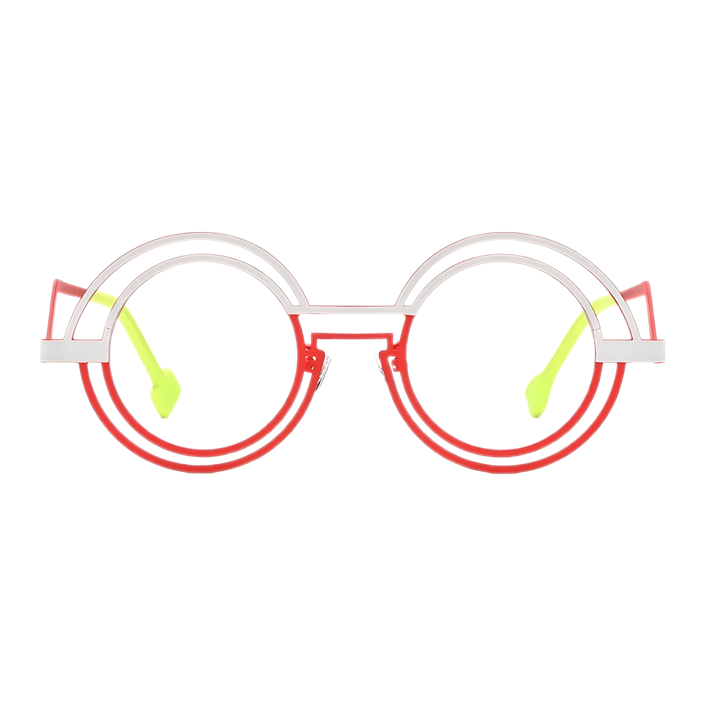 Vue de face de lunettes rondes originales avec une monture en titane à double cerclage rouge et blanc et des accents jaune vif