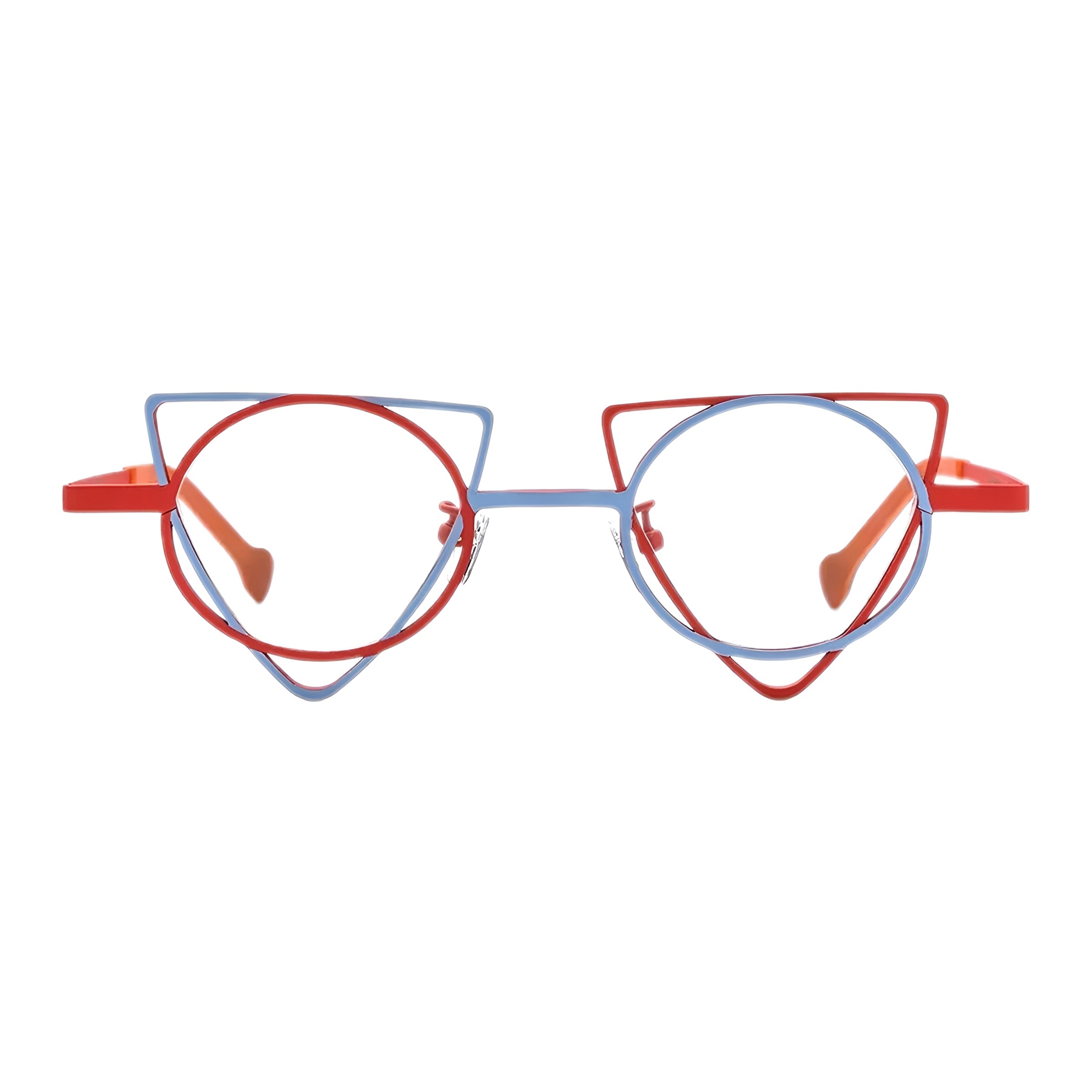 Vue de face d'une paire de lunettes rondes originales avec une fine monture en titane au design bicolore, combinant un cerclage rouge et une structure bleu ciel