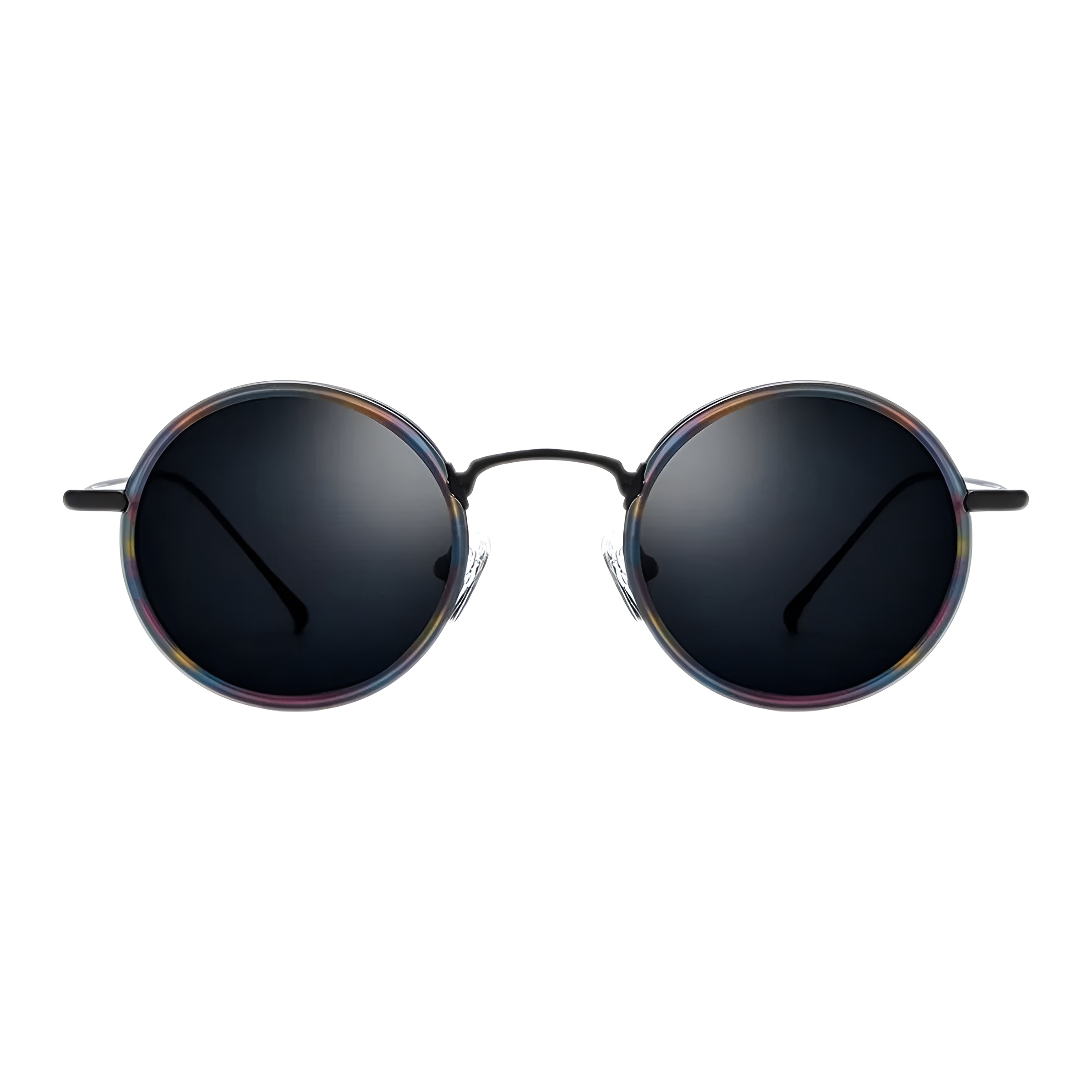 Face des lunettes de soleil rondes montrant le cerclage aux nuances bleu et ambre sur structure noire fine