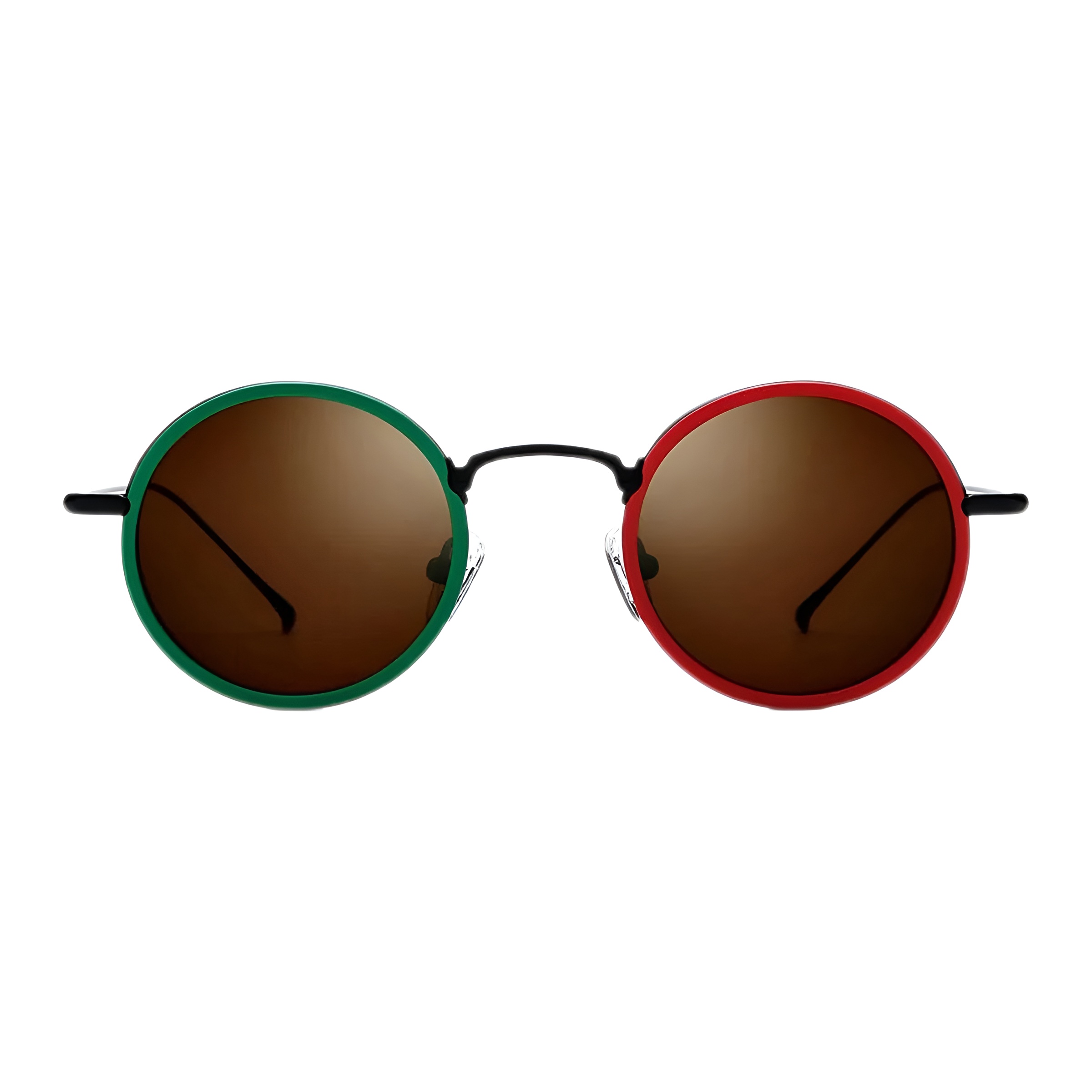 Face avant de lunettes de soleil rondes montrant un cerclage gauche vert et droit rouge avec verres marron