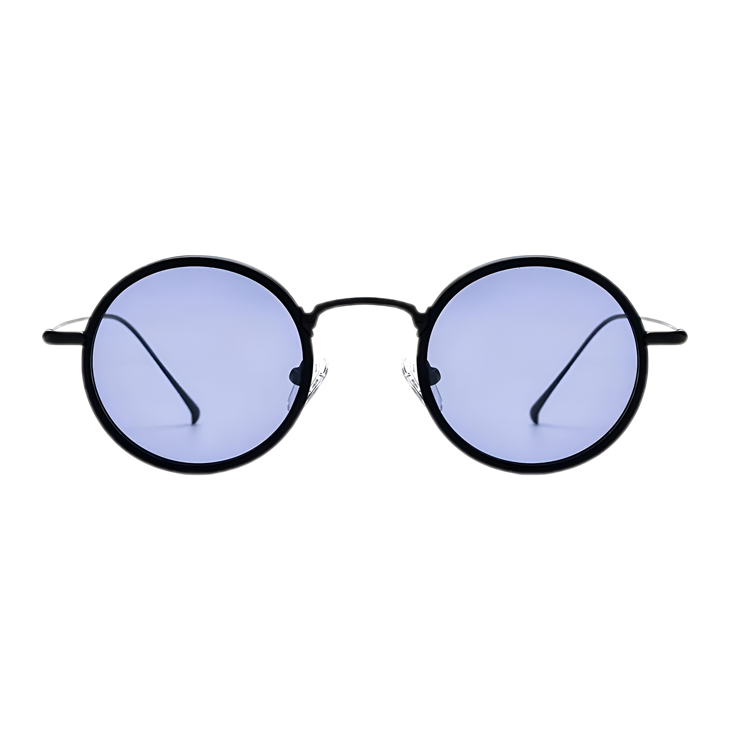 Lunettes de soleil rondes avec verres teinte violet lavande et fine monture noire vue de face