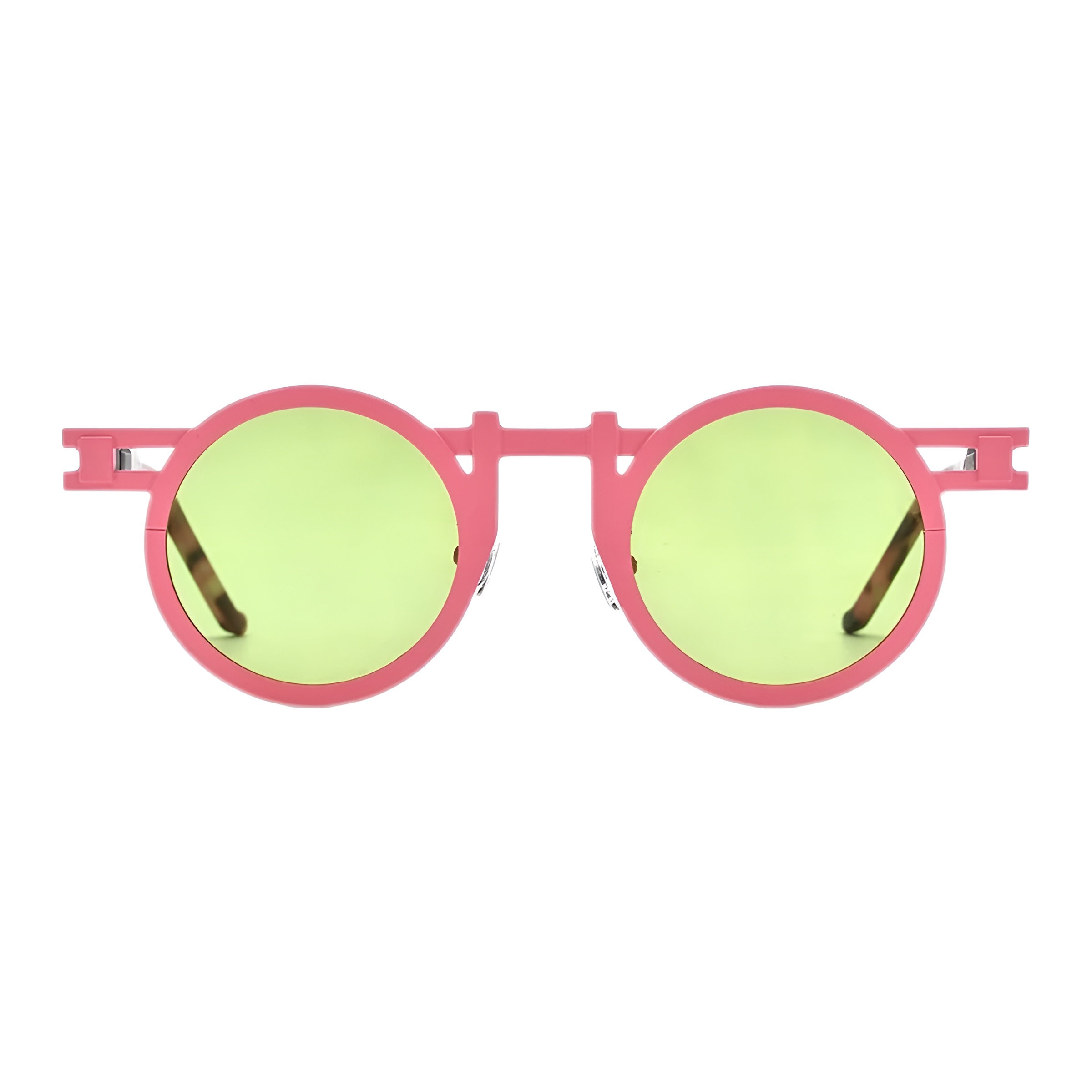 Lunettes de soleil rondes avec monture architecturale rose mat et verres jaune anis vue de face
