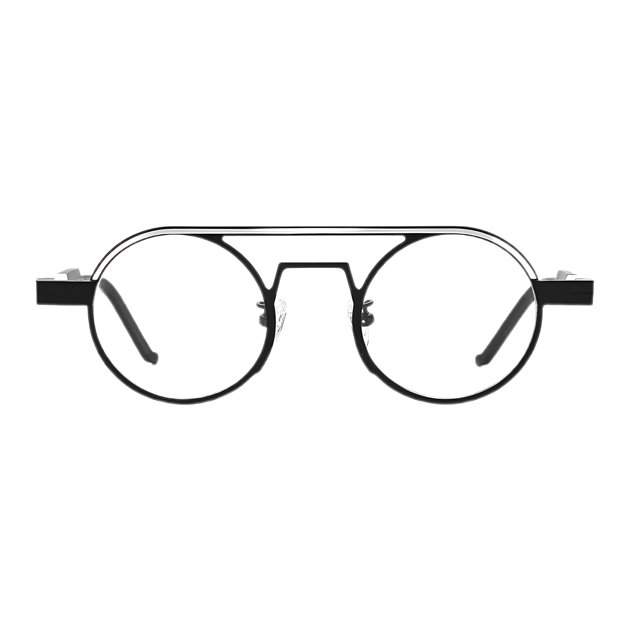 Face avant de lunettes rondes avec un double pont métallique argenté et des cercles noirs style industriel
