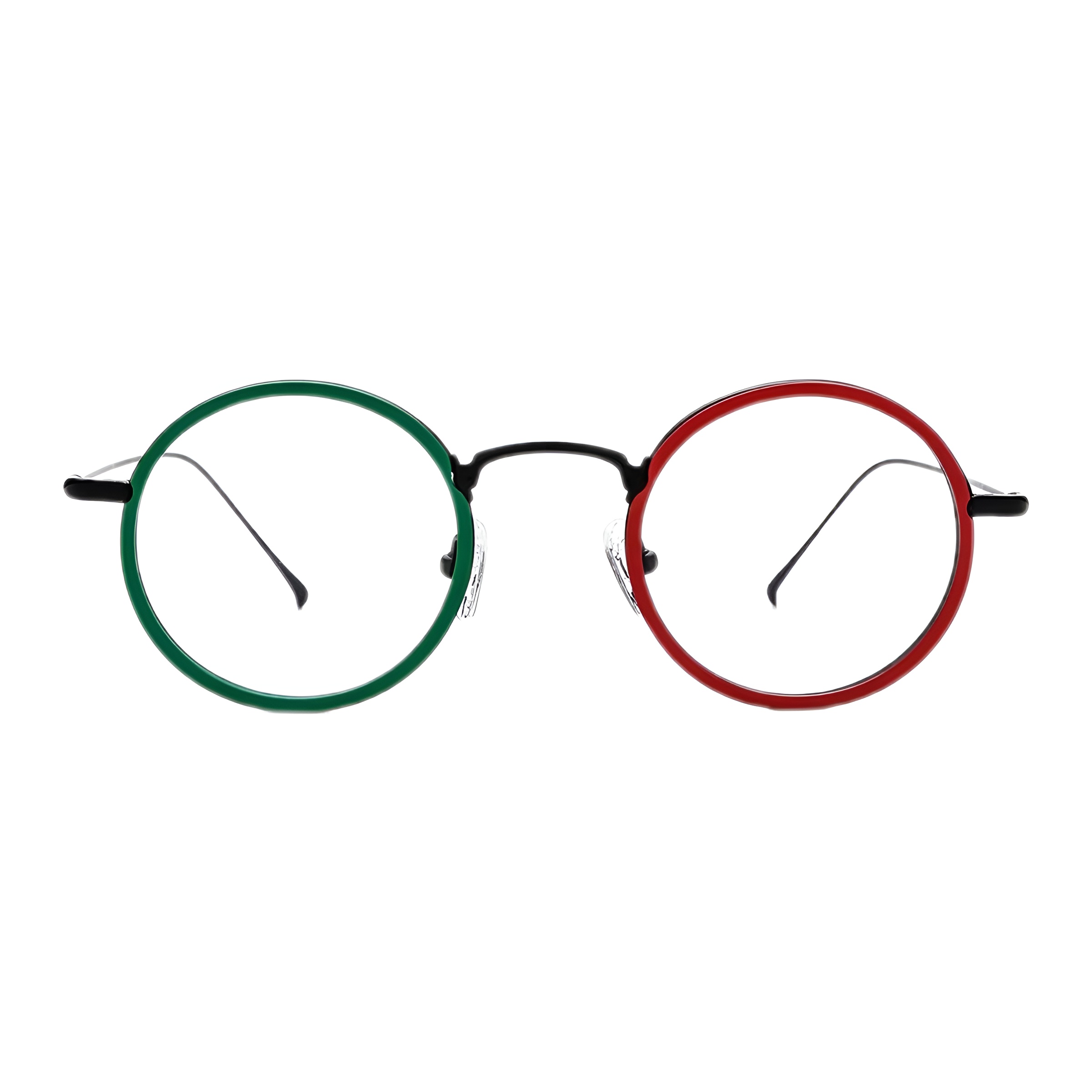 Vue de face d'une paire de lunettes de vue rondes originales avec une monture noire fine en titane, un cerclage de verre rouge et l'autre vert