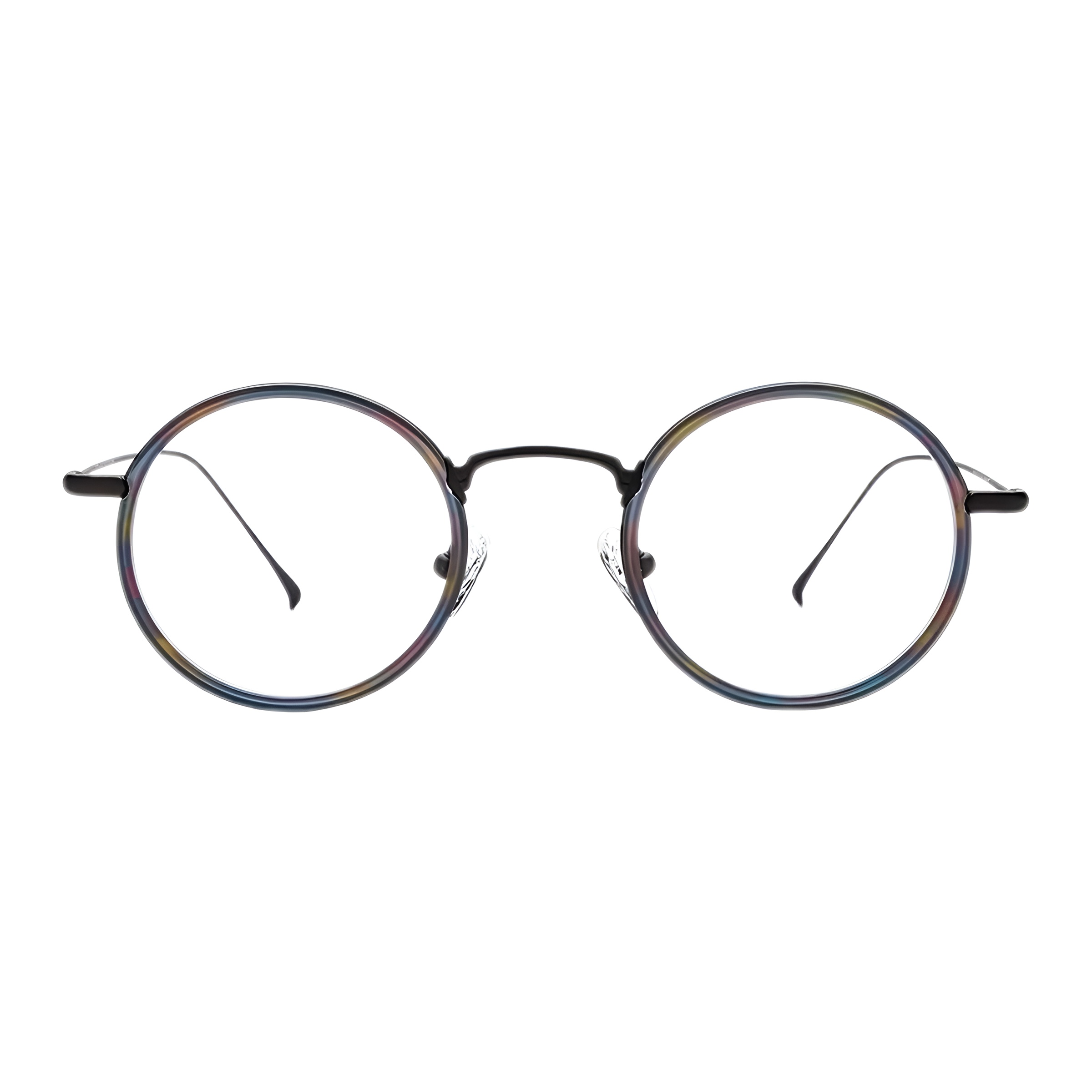 Une paire de lunettes de vue rondes originales vues de face, présentant un cerclage fin aux reflets multicolores artistiques et une structure noire en titane