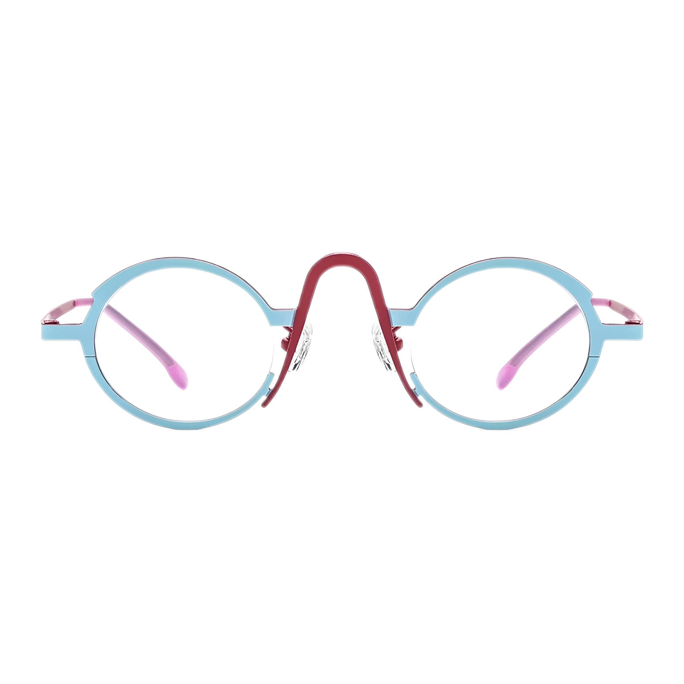 Vue de face d'une paire de lunettes de vue rondes originales avec une monture fine bleu ciel, un pont de nez architectural rouge et des branches roses