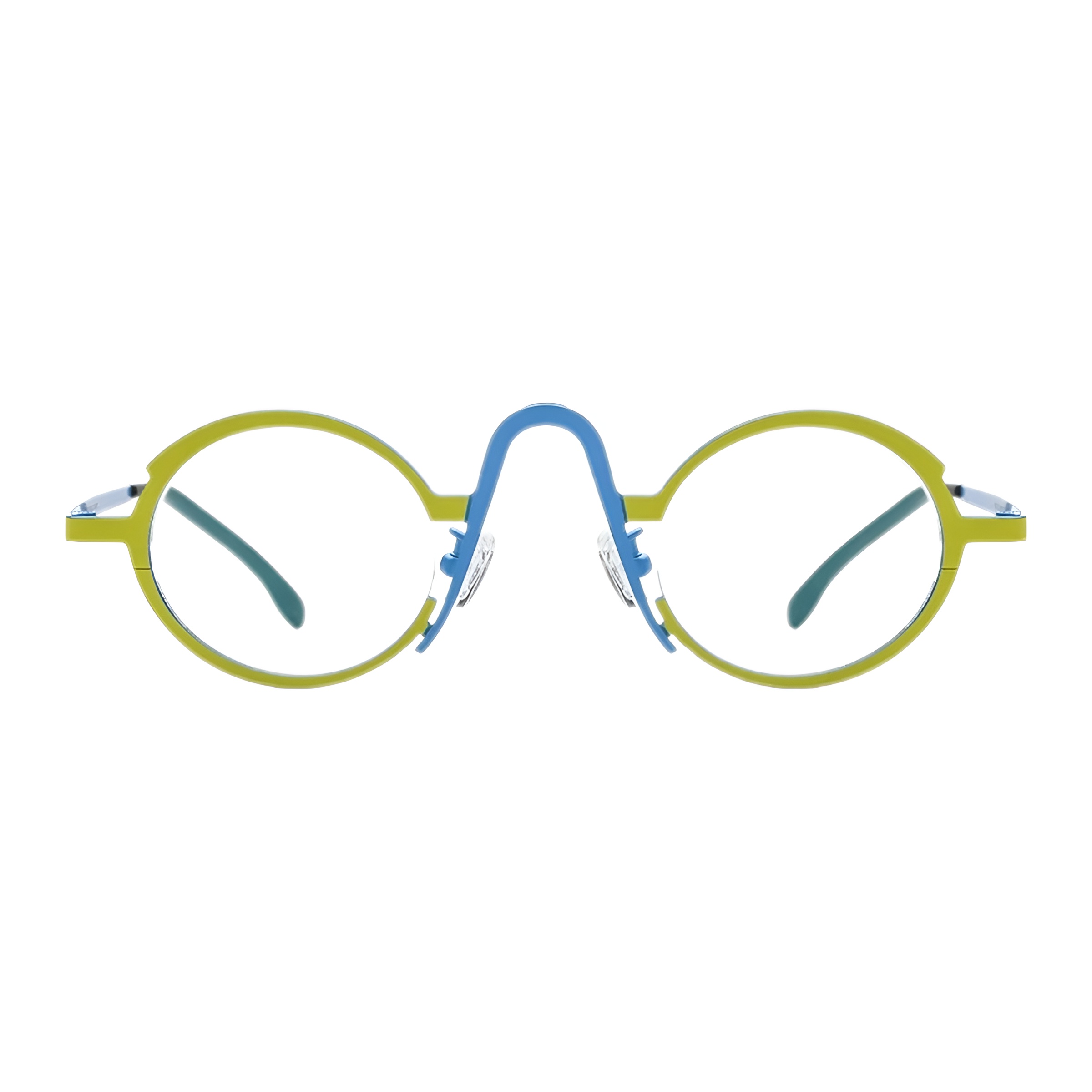 Vue de face d'une paire de lunettes de vue rondes avec une monture fine en titane, des cerclages vert anis et un pont surélevé bleu électrique