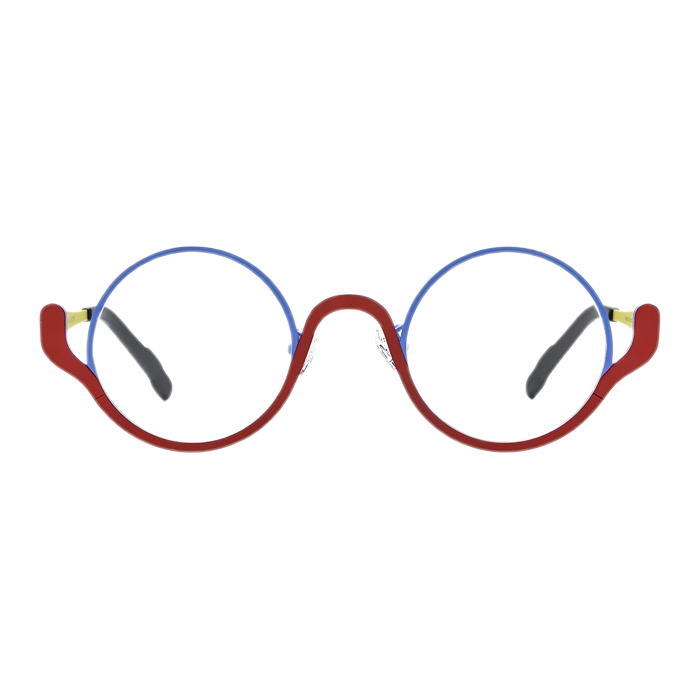 Vue de face d'une paire de lunettes de vue rondes avec un cerclage supérieur bleu, un cerclage inférieur et un pont en vague rouge, et des détails jaunes