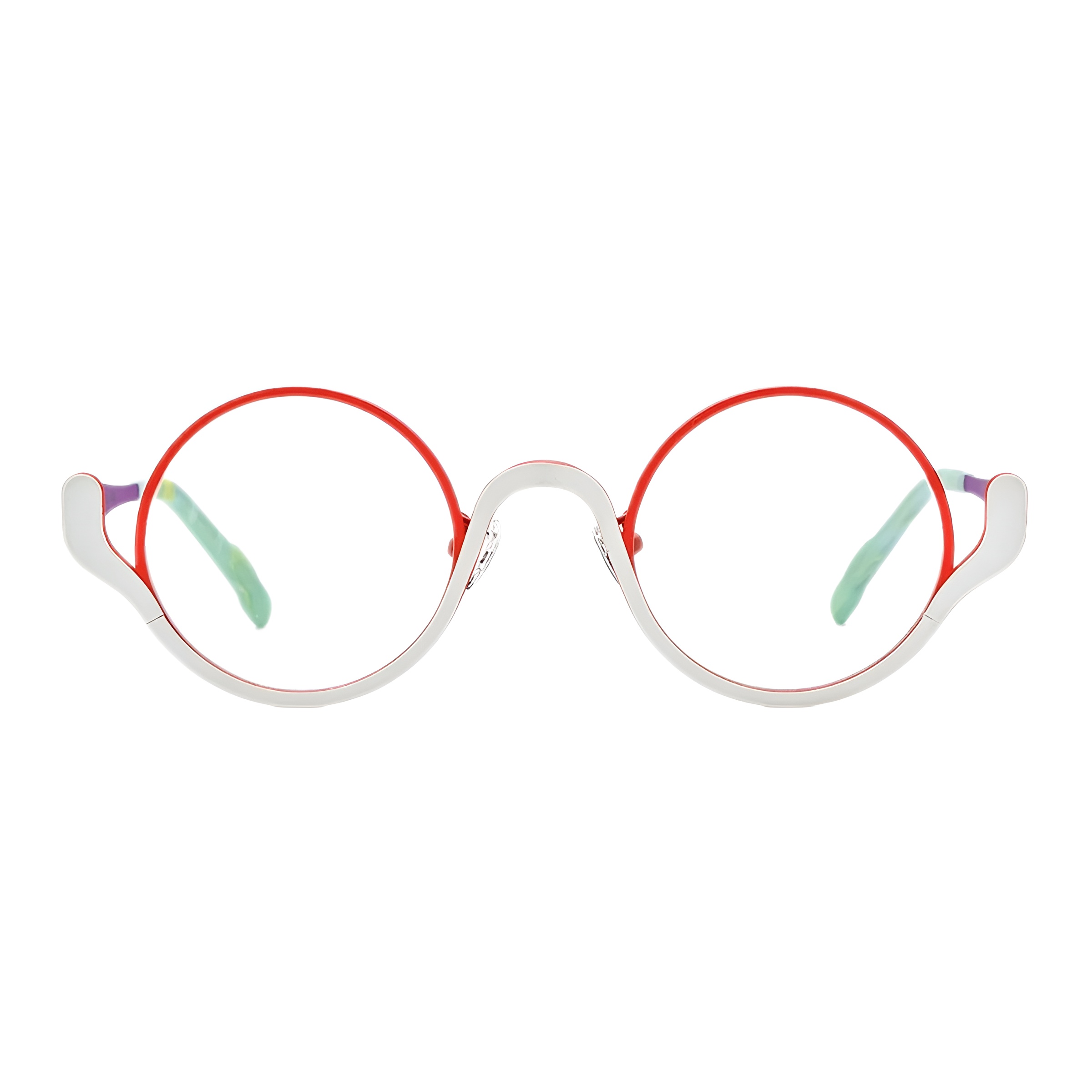 Vue de face d'une paire de lunettes de vue rondes originales avec un cerclage supérieur rouge et inférieur blanc, et un pont distinctif