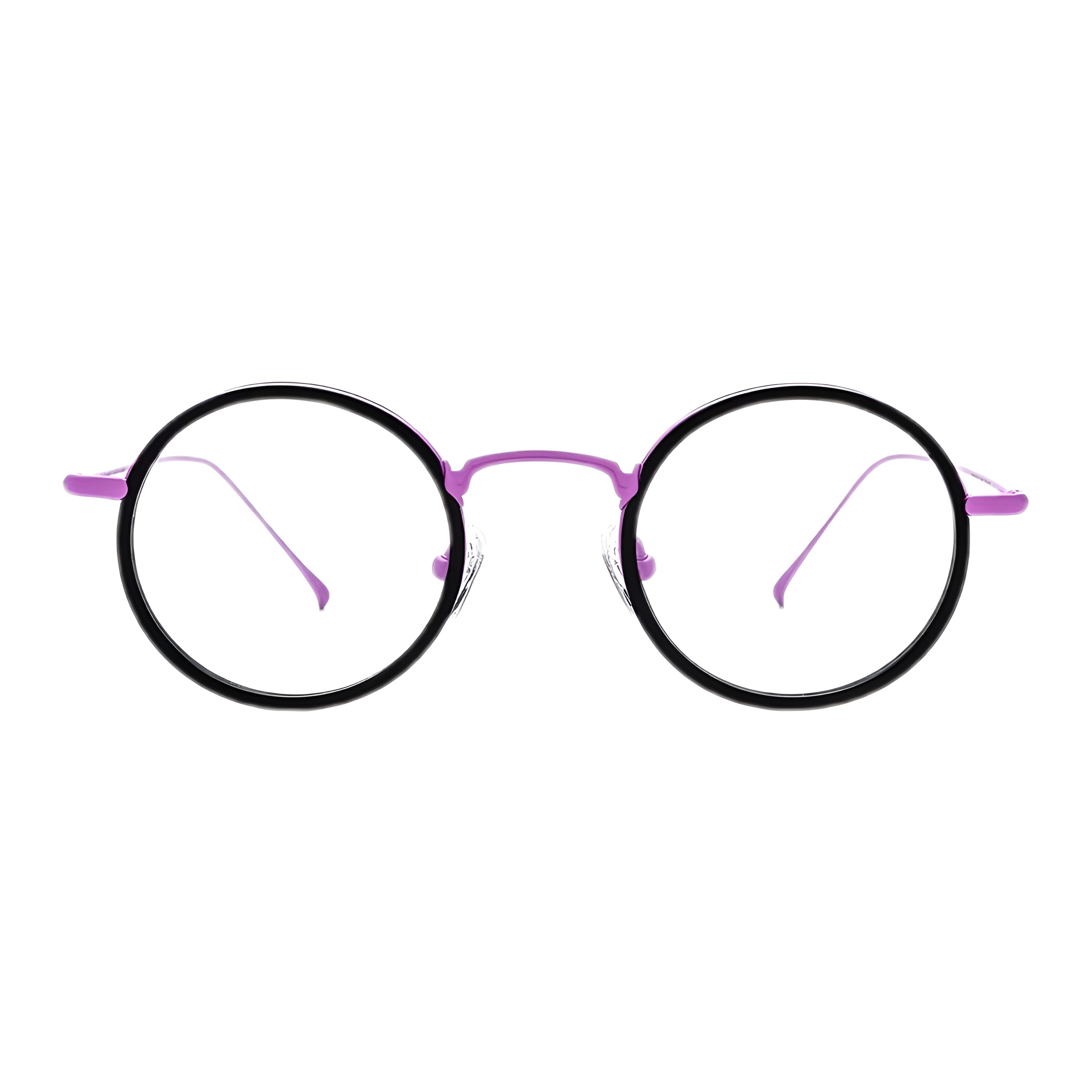 Vue de face d'une paire de lunettes de vue rondes avec un fin cerclage noir contrastant avec le pont et le début des branches de couleur violette