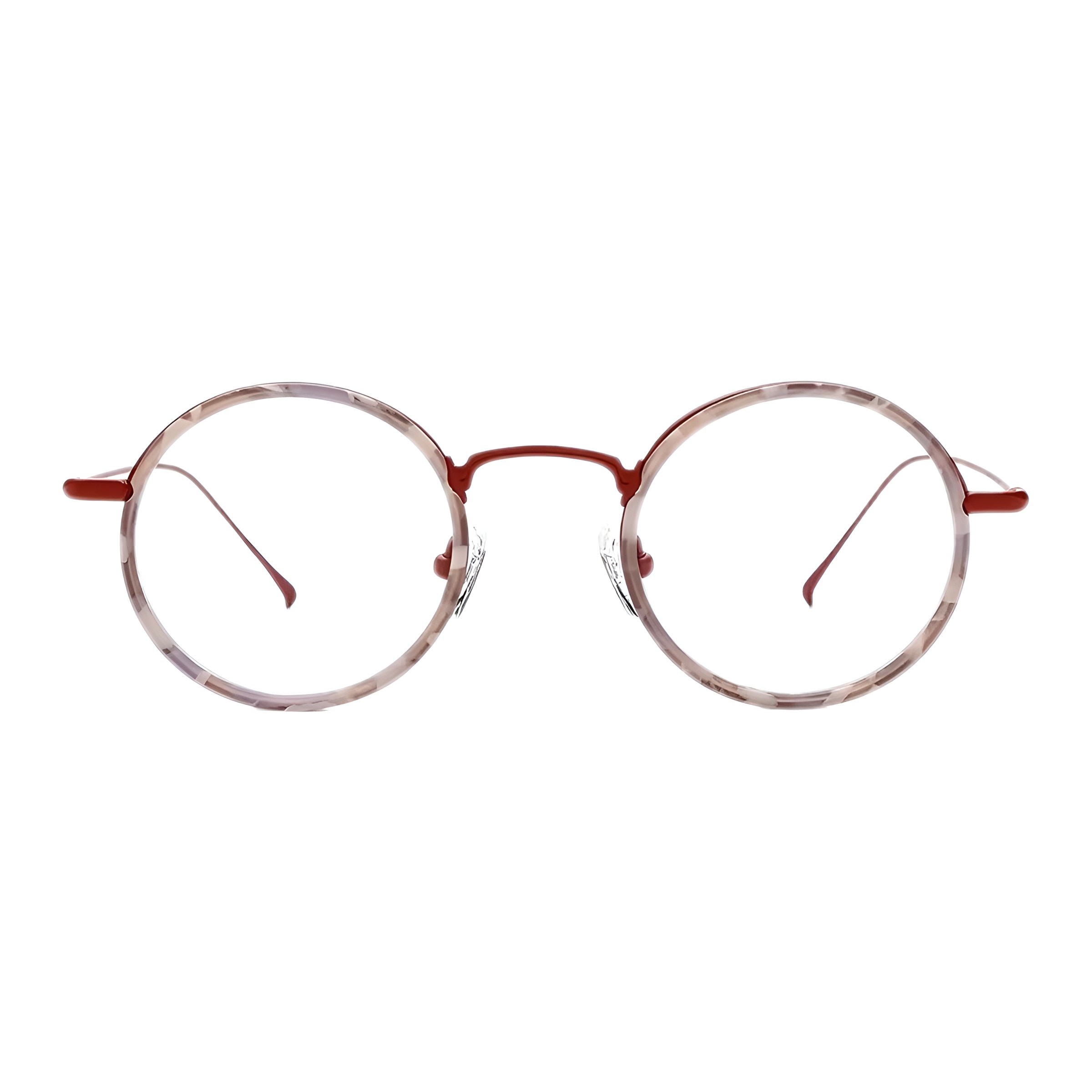 Une paire de lunettes de vue rondes présentée de face, avec une fine monture en titane rouge et des cercles à l'effet marbré dans des tons de beige, rose et gris