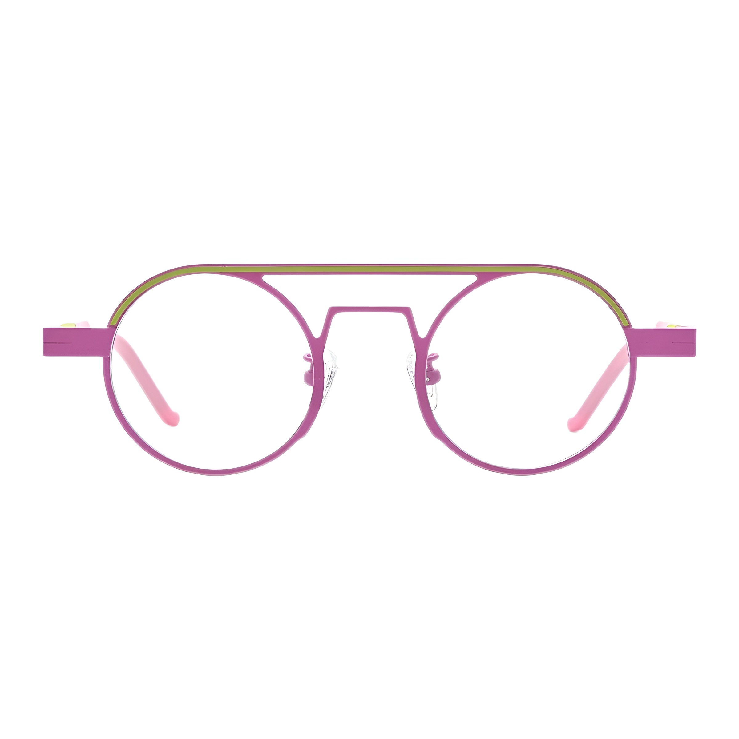 Face monture optique ronde violette avec barre supérieure verte graphique et pont géométrique