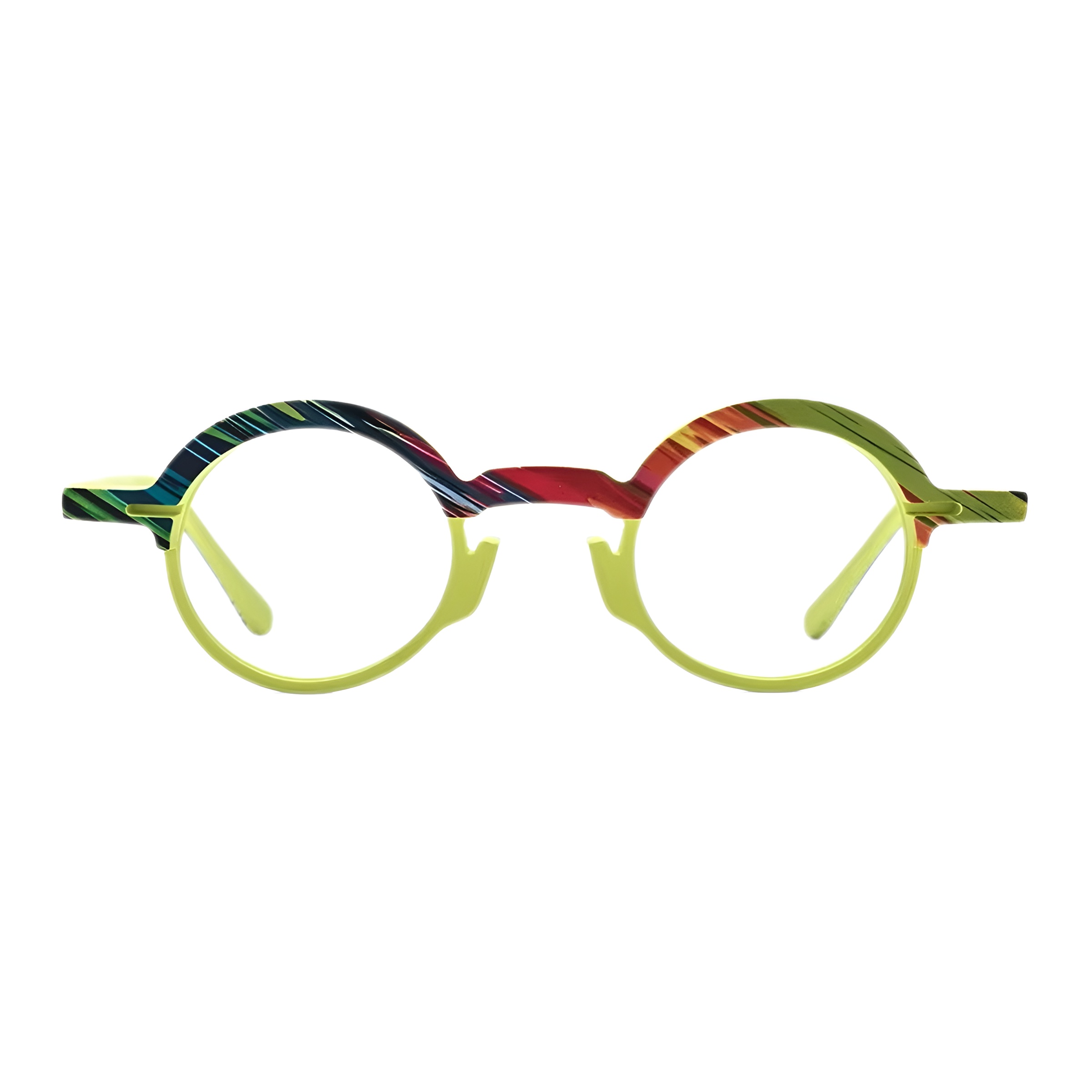 Vue de face d'une paire de lunettes rondes originales avec une monture en acétate combinant un motif rayé multicolore sur le dessus et une couleur vert lime sur le bas