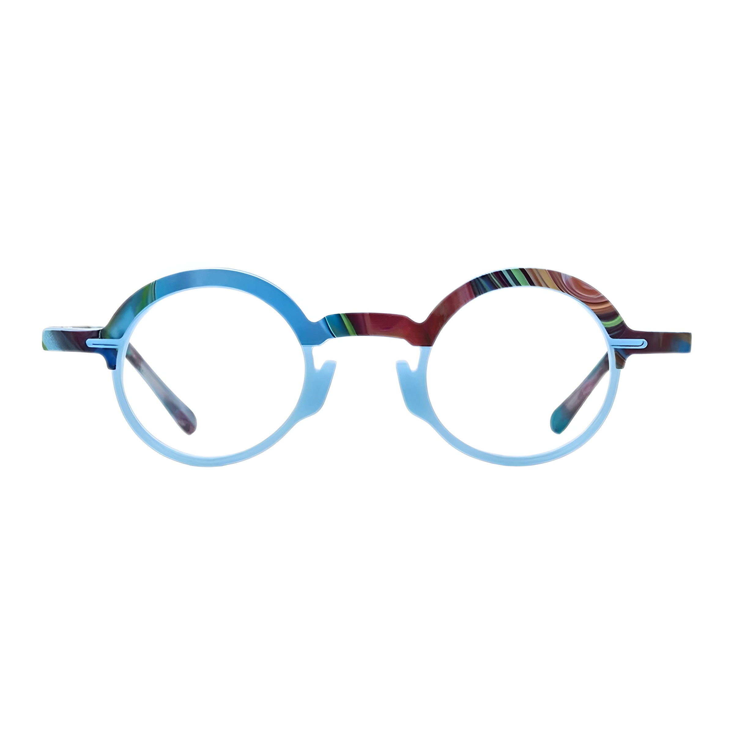 Vue de face d'une paire de lunettes rondes originales avec une monture bicolore, la partie inférieure est bleu ciel uni et l'arcade affiche un motif artistique multicolore