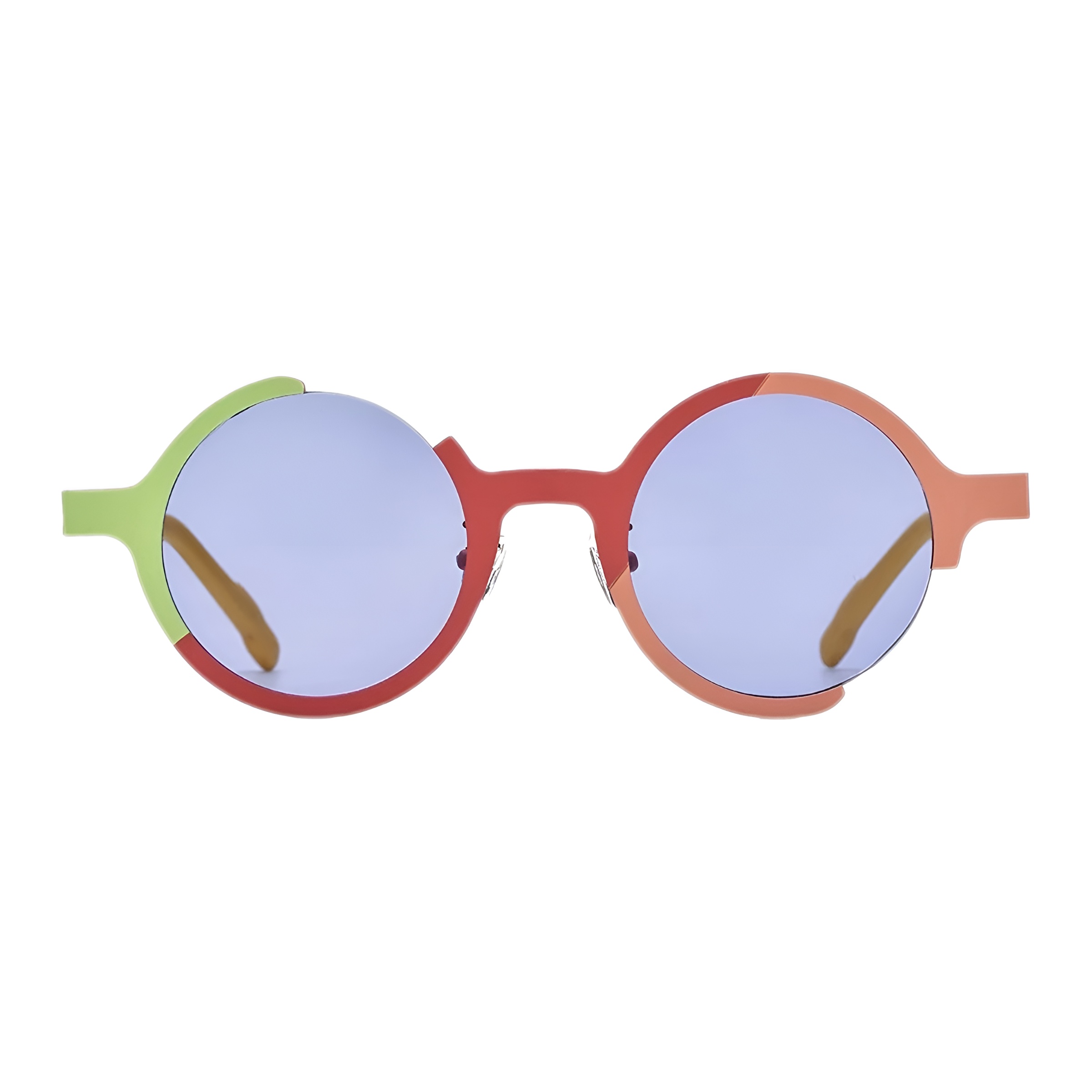 Vue frontale de lunettes rondes originales affichant un cerclage incomplet, une structure tricolore vive et de délicats verres rosés