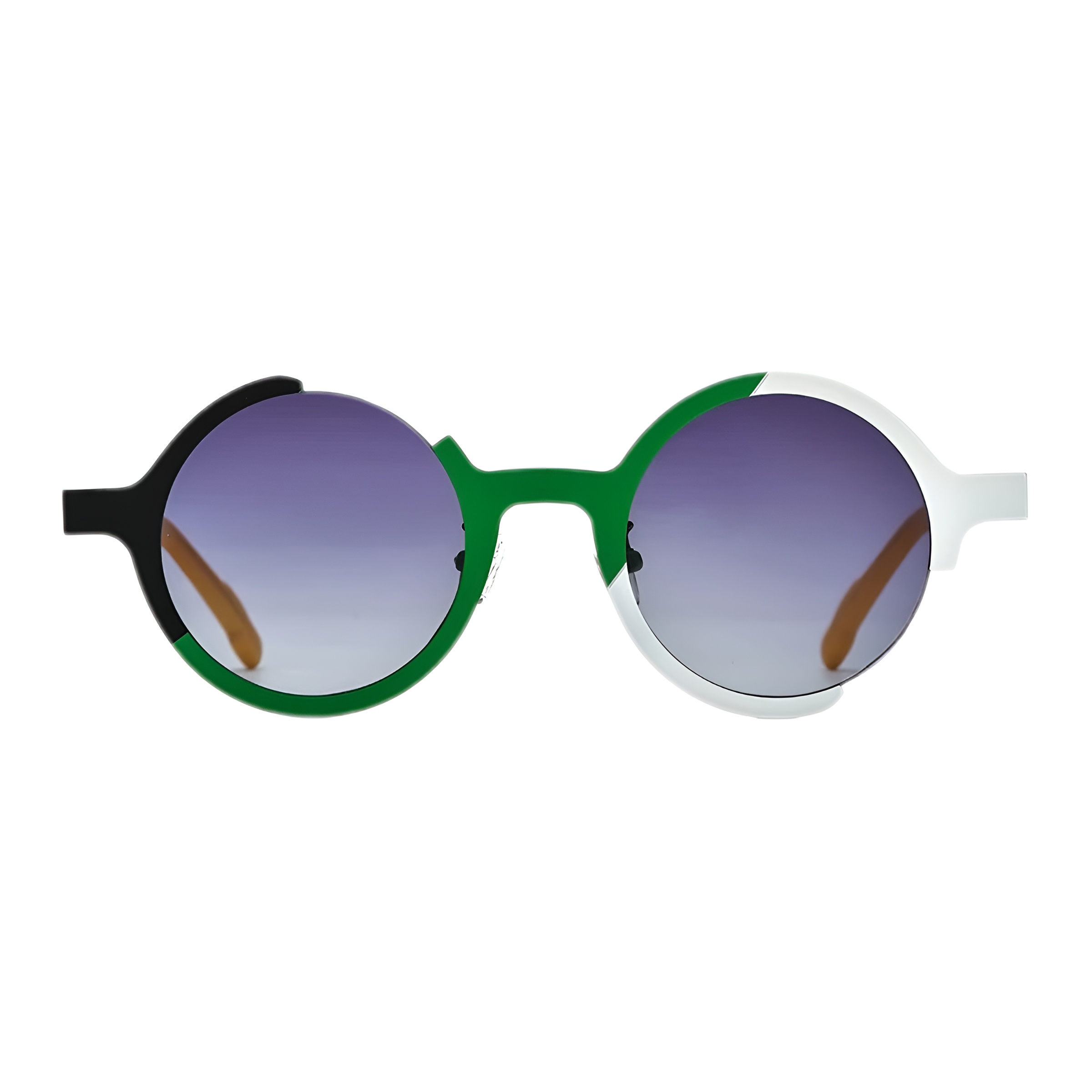 Vue de face de lunettes rondes originales avec une monture en titane et un demi-cerclage design tricolore vert, noir et blanc, aux verres dégradés violets
