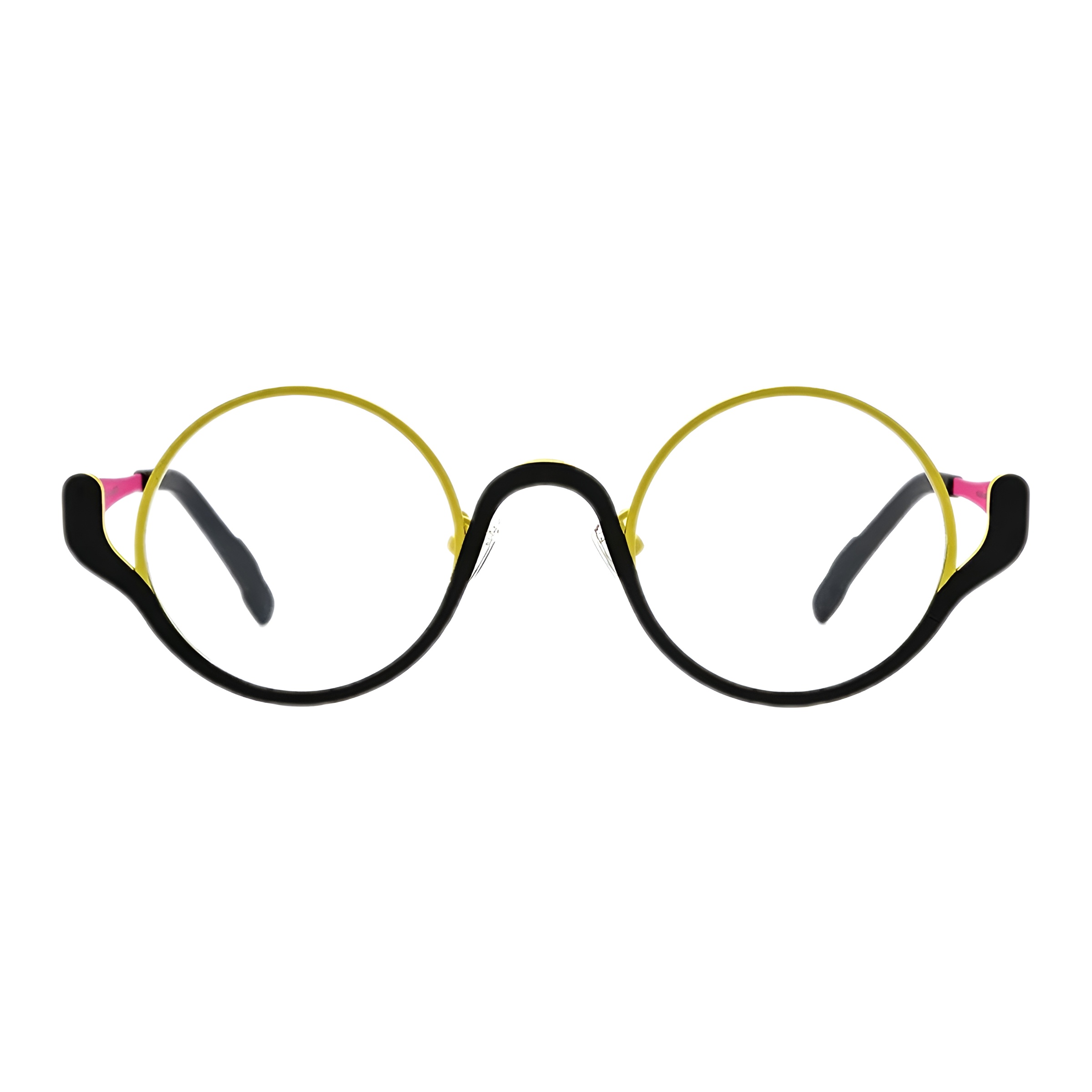 Vue de face de la paire de lunettes de vue rondes originales, montrant le contraste entre le fin cerclage supérieur jaune vif et la base noire sculptée