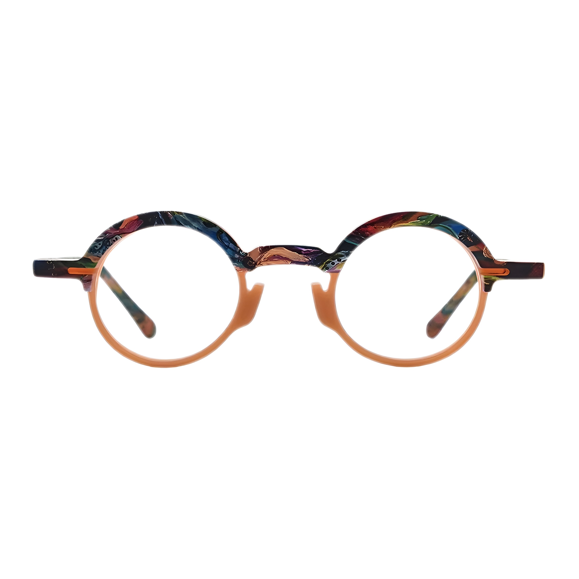 Vue de face d'une paire de lunettes rondes originales, avec une monture en acétate bicolore présentant un motif artistique multicolore sur la partie supérieure et un cerclage orange mat en bas