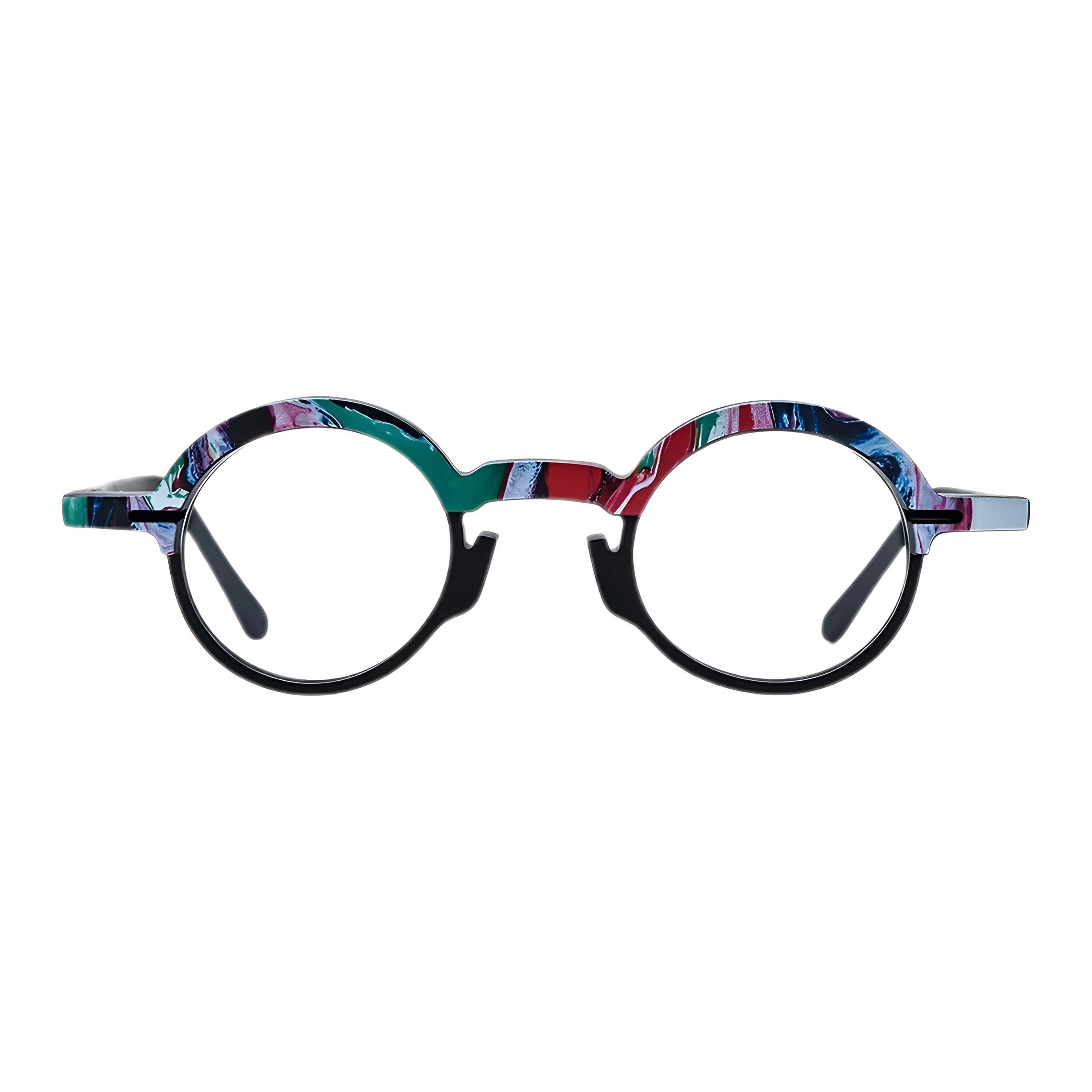 Vue de face d'une paire de lunettes de vue rondes originales avec une monture en acétate au motif abstrait multicolore sur le dessus et un fin cerclage noir en bas