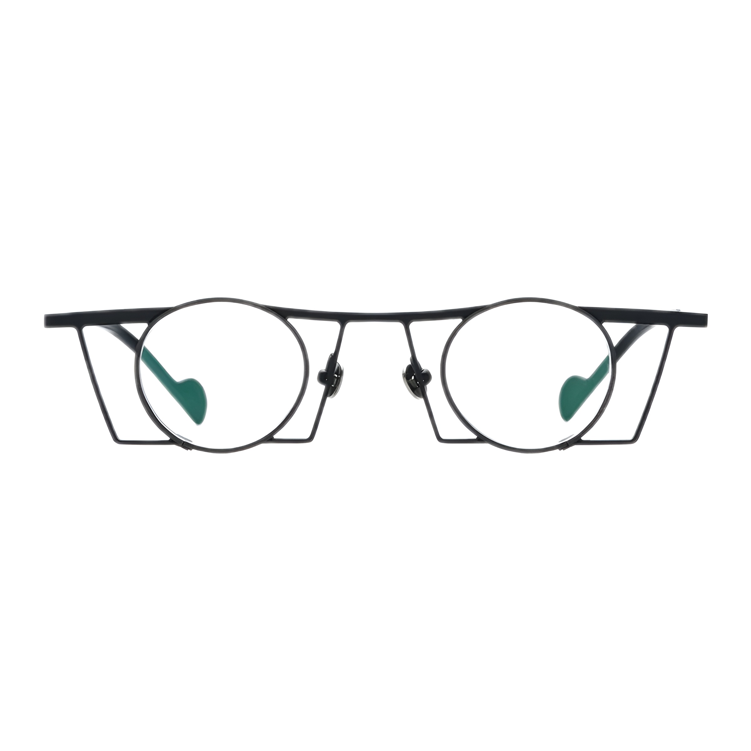 Une paire de lunettes rondes originales noires avec une monture fine en titane au design architectural vue de face