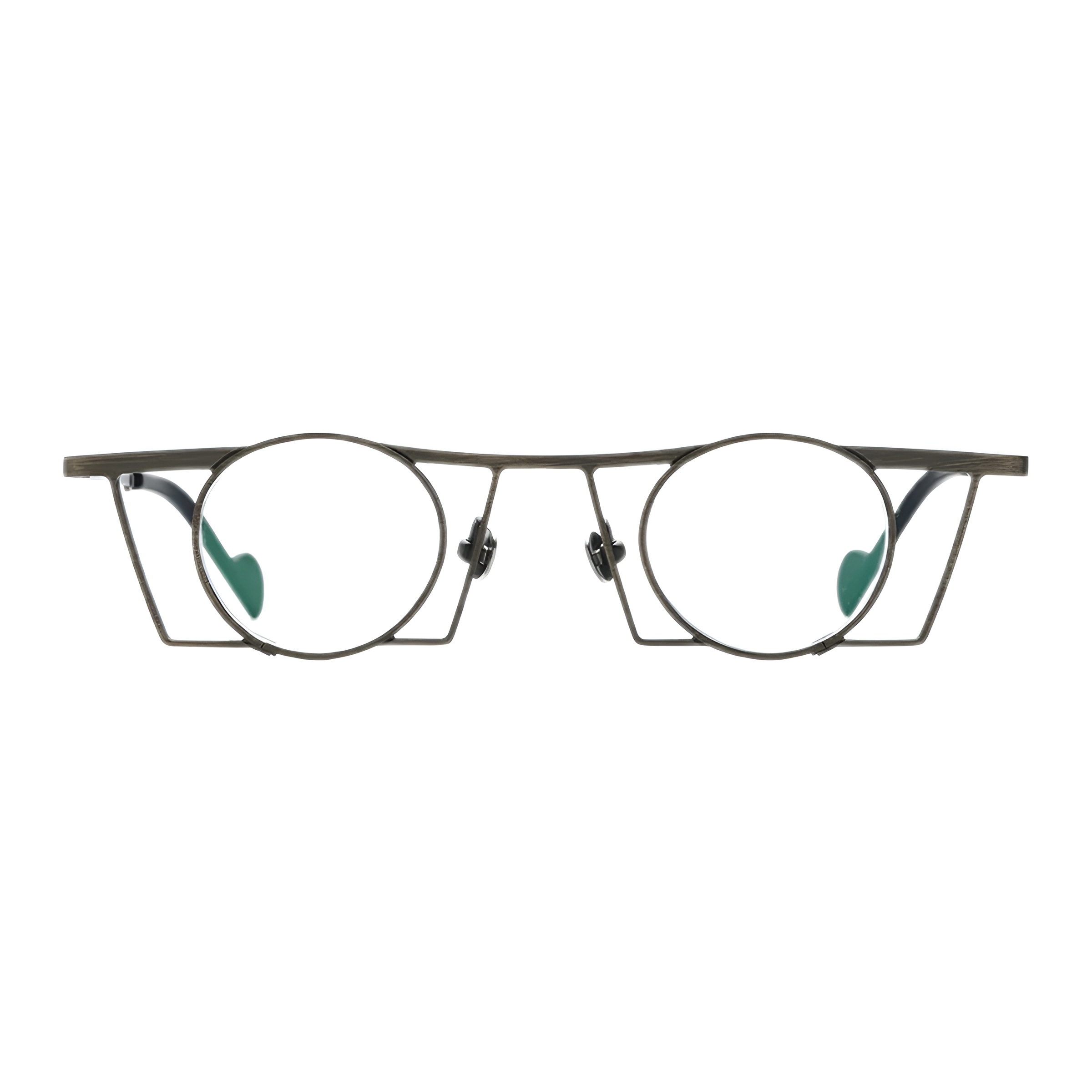 Vue de face des lunettes rondes originales avec une monture architecturale en titane marron foncé et sa structure ajourée sous les verres