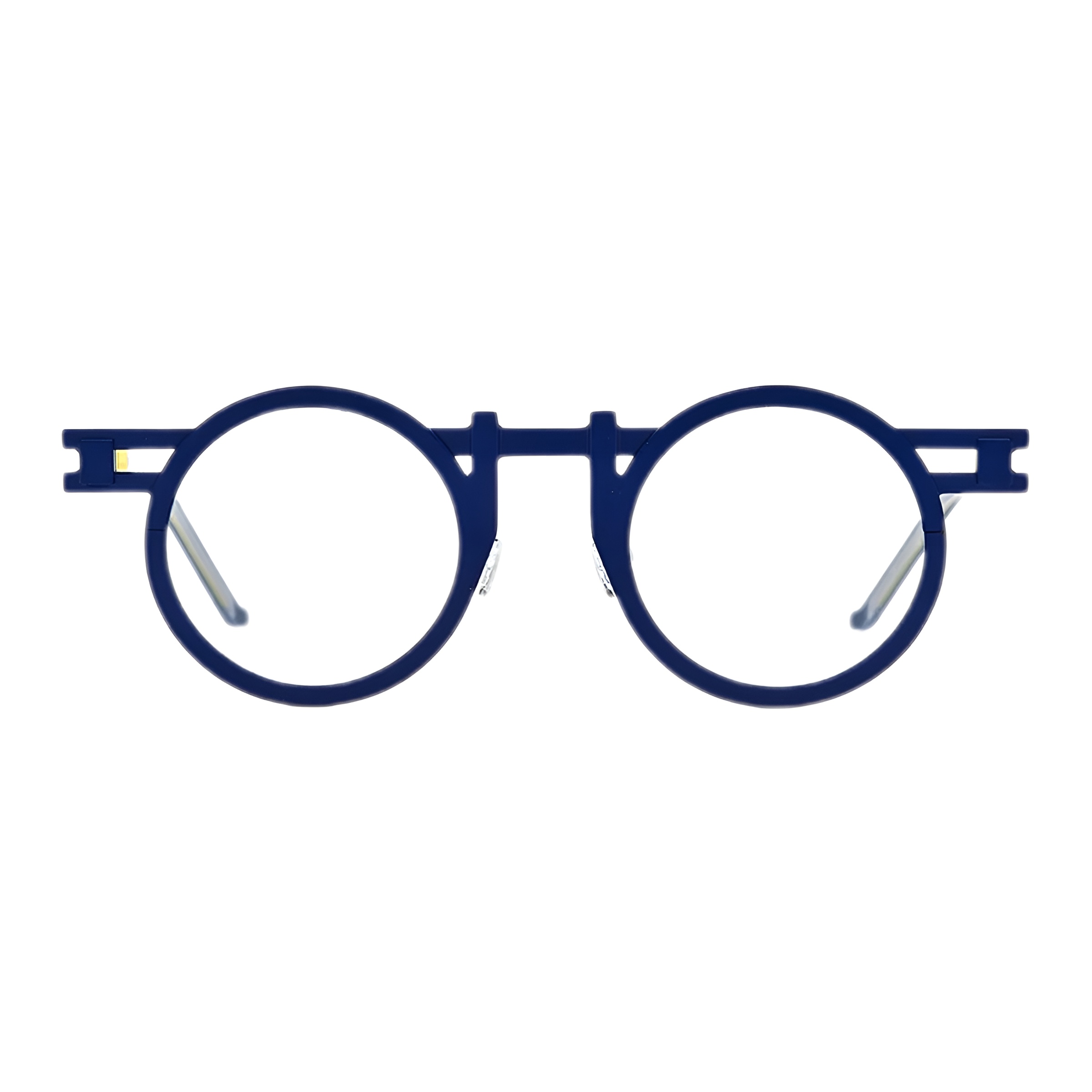 Vue de face d'une paire de lunettes de vue rondes originales avec une monture en titane bleu marine, un pont double architectural et des accents jaunes distinctifs sur les charnières