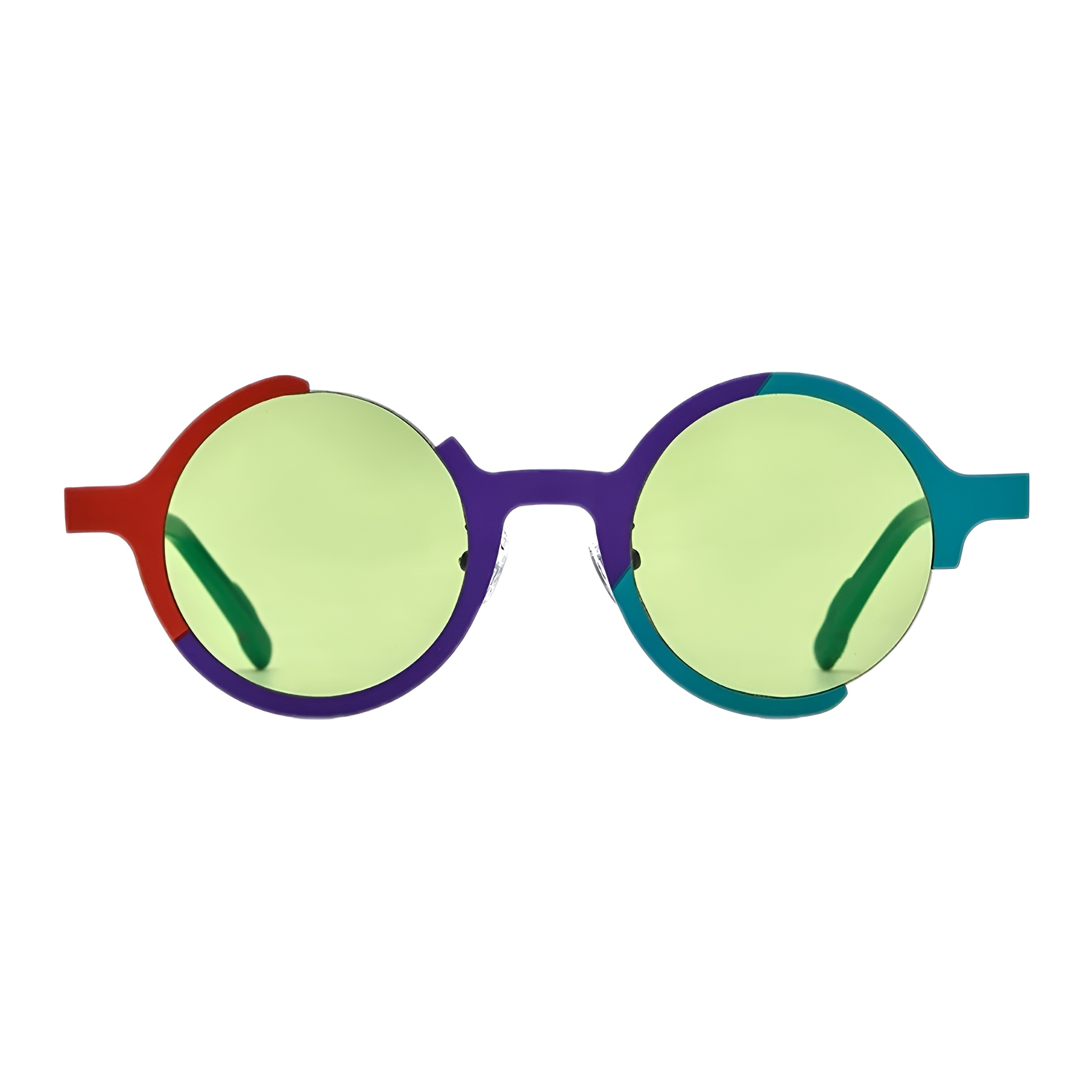 Vue de face des lunettes rondes originales, monture en titane asymétrique bleu, rouge et jaune, et verres ronds de teinte verte foncée