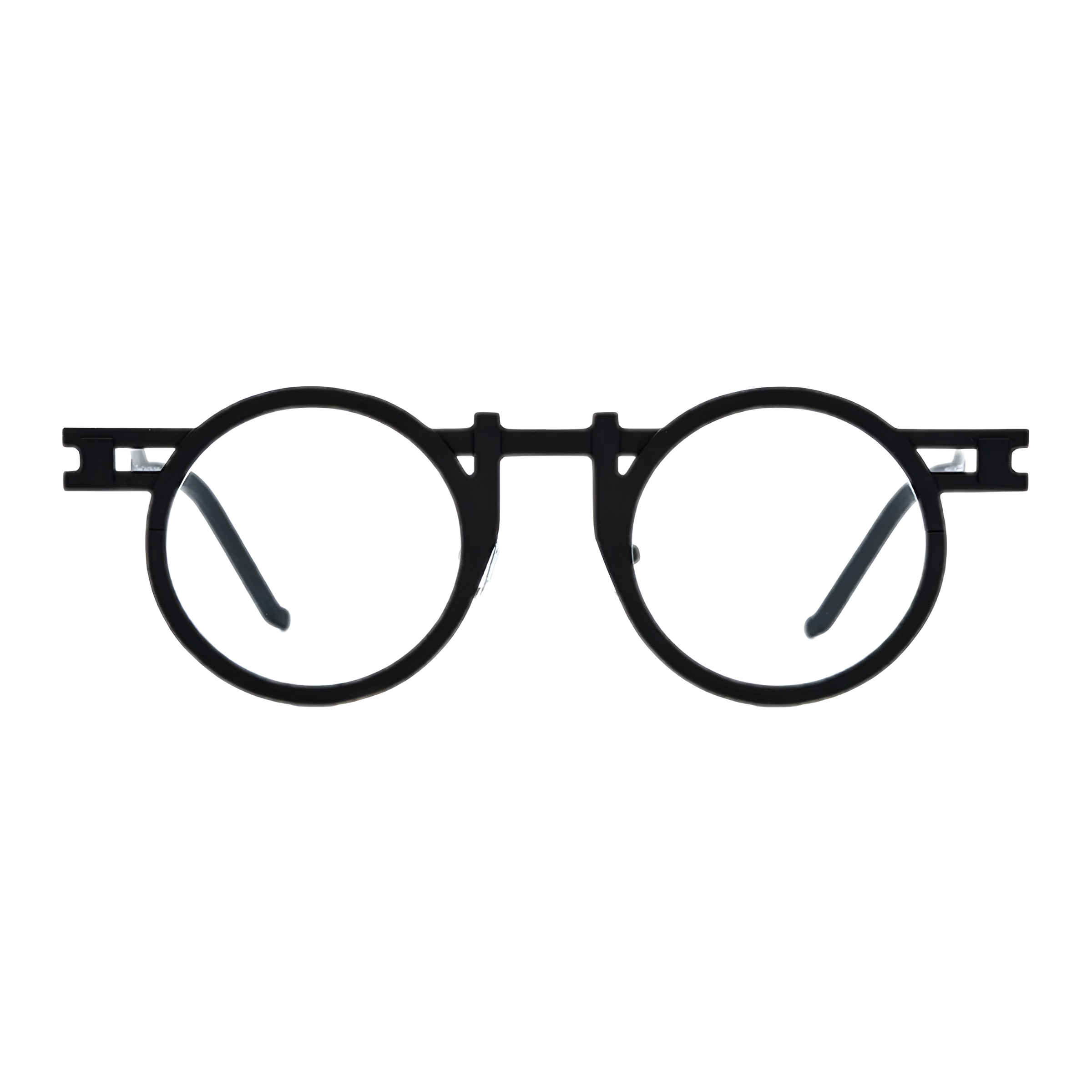 Vue de face d'une paire de lunettes rondes originales avec une monture en titane noir, mettant en évidence le pont architectural et les charnières découpées