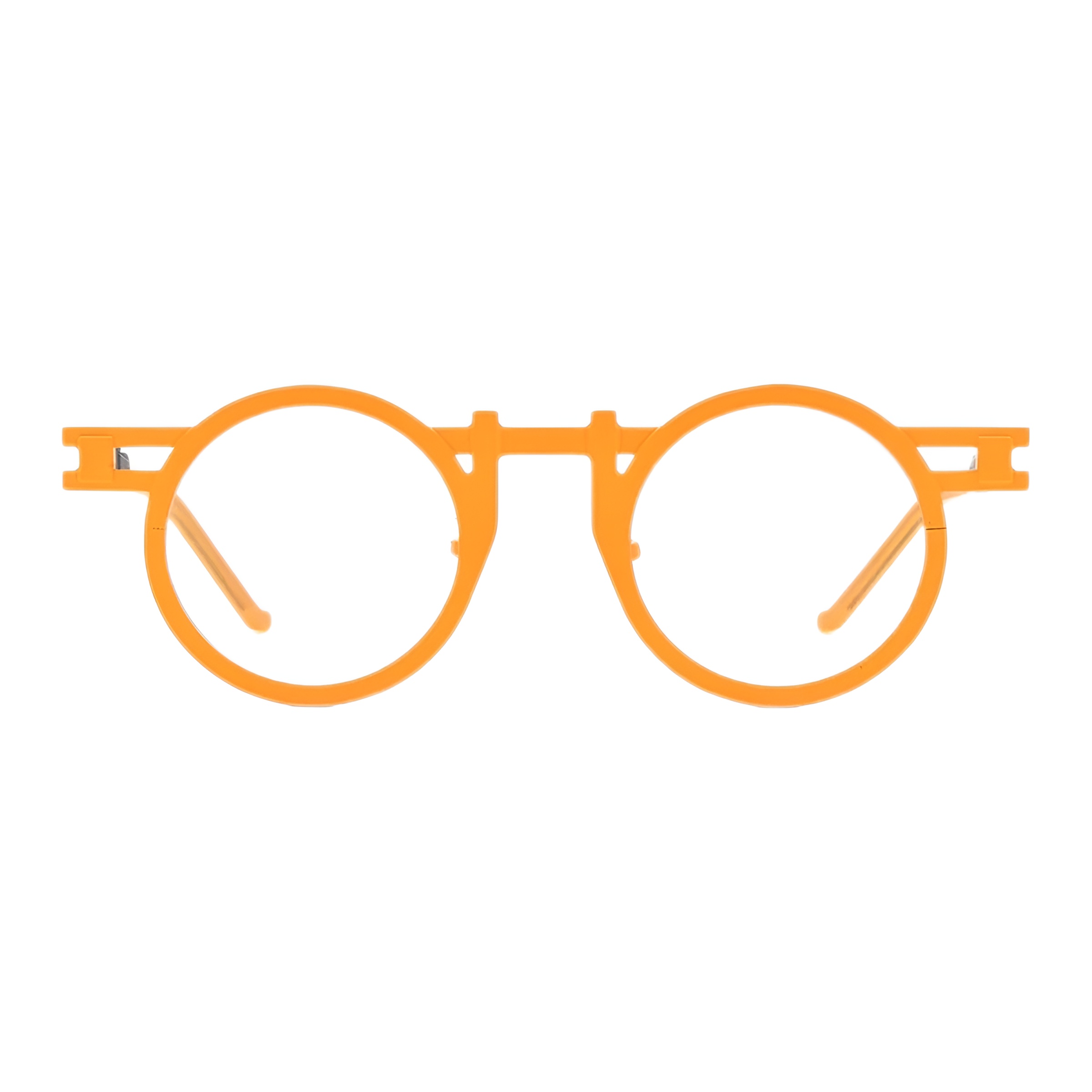 Vue de face d'une paire de lunettes rondes originales avec une monture fine en titane d'un orange éclatant et des charnières distinctives