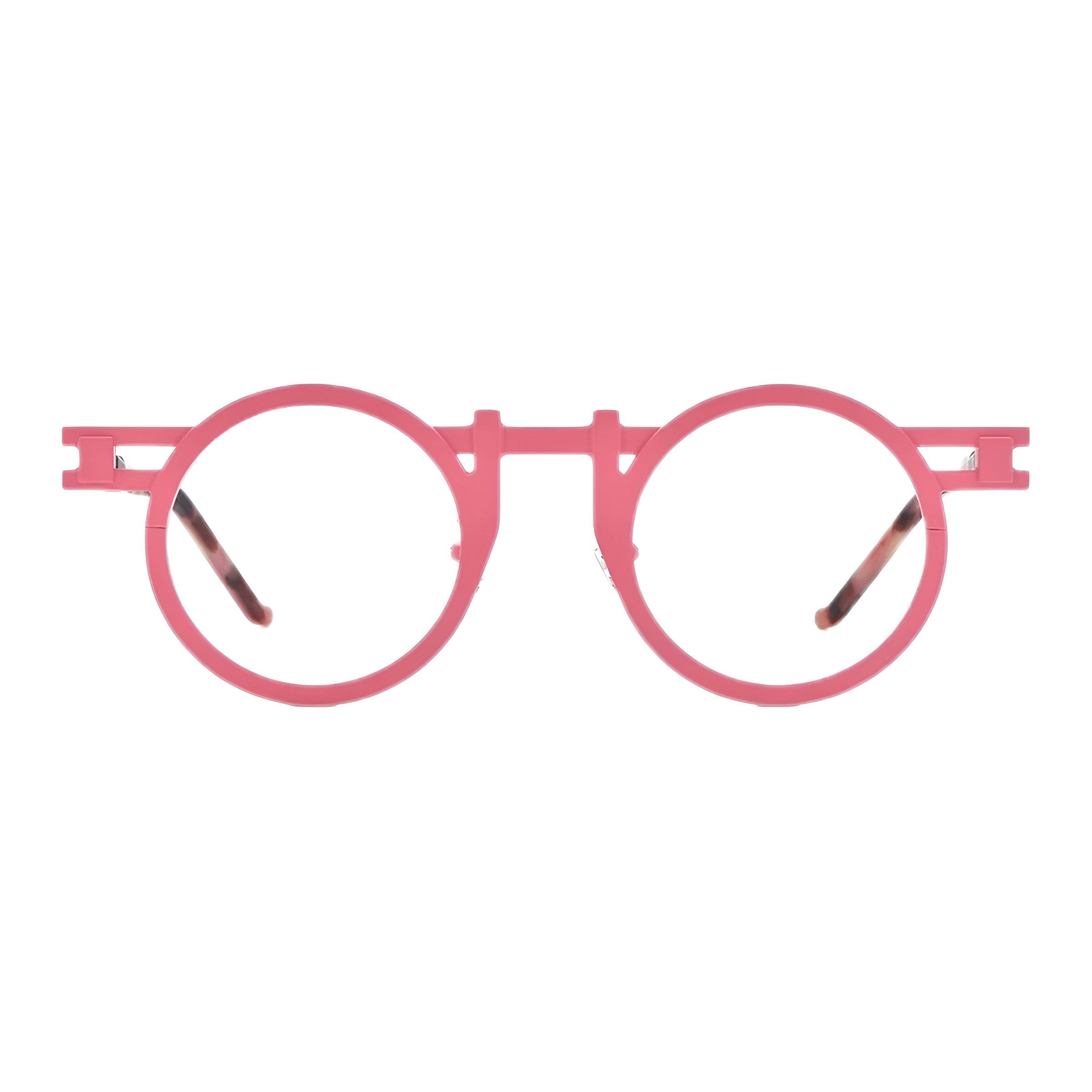 Une paire de lunettes rondes originales de vue avec une monture fine en titane de couleur rose vif et des branches bicolores vue de face